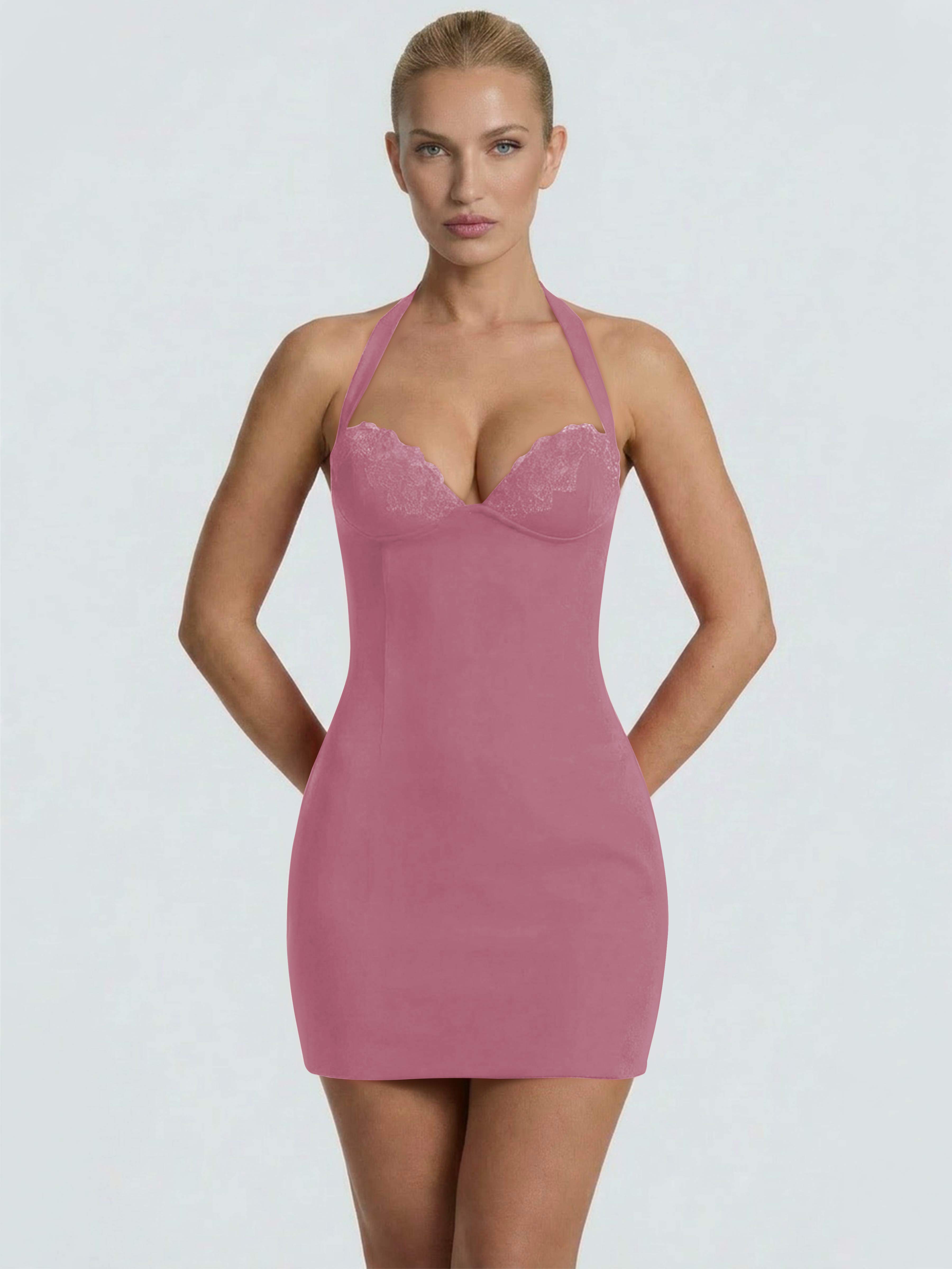 ROVDESY Halter Lace Satin Tight Homecoming Mini Dress