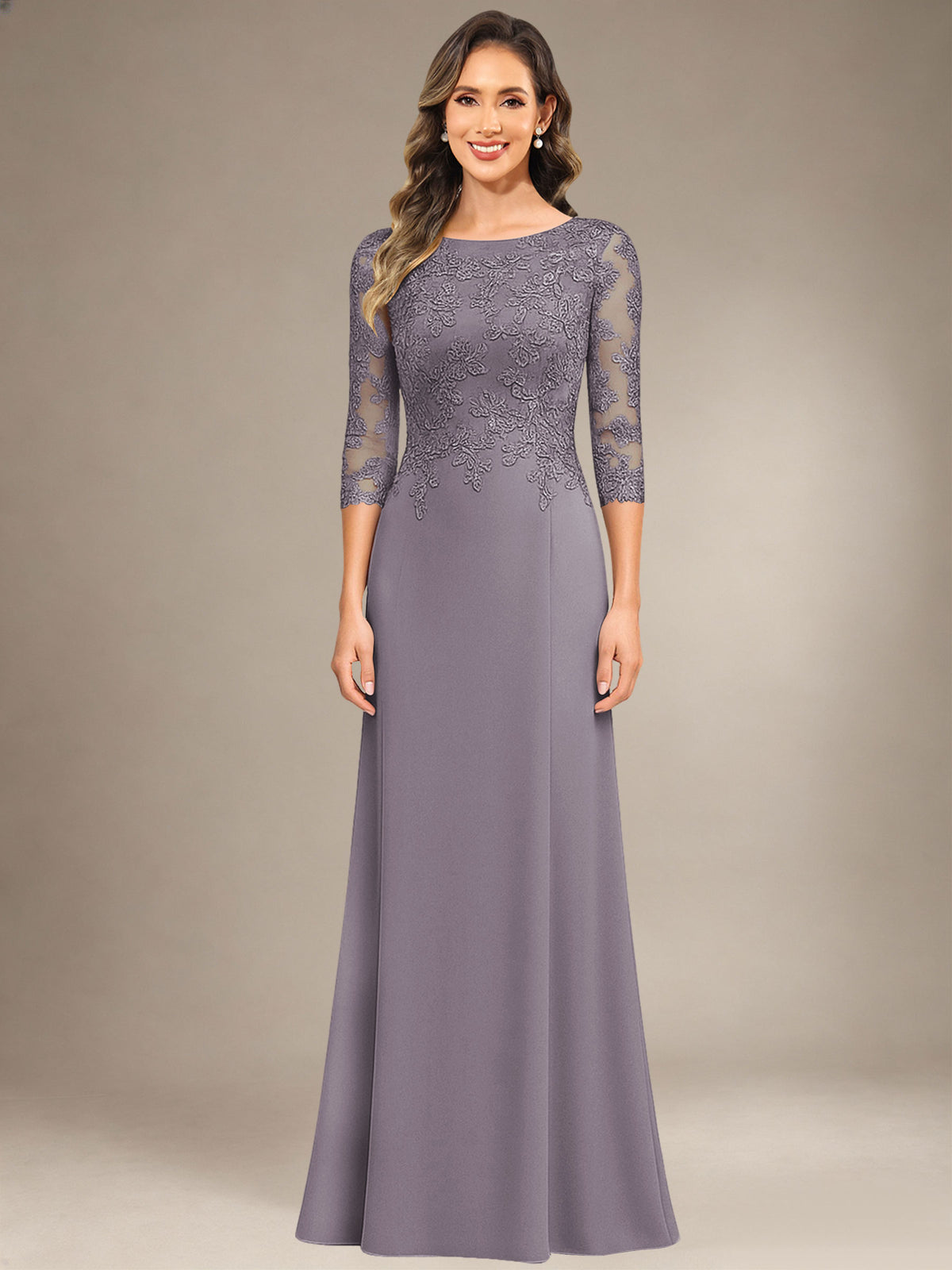 Bateau Neck Chiffon Lace Mermaid Mother of the Bride Dress with 3/4 Sleeves