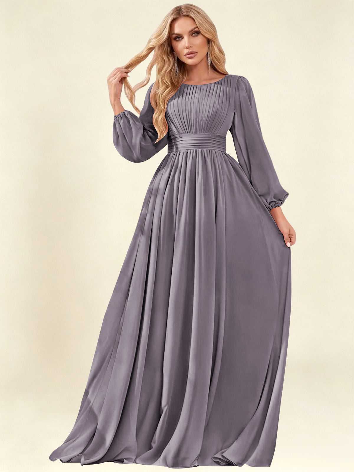 A-Line Pleated Long Chiffon Bridesmaid Dress With Long Sleeves