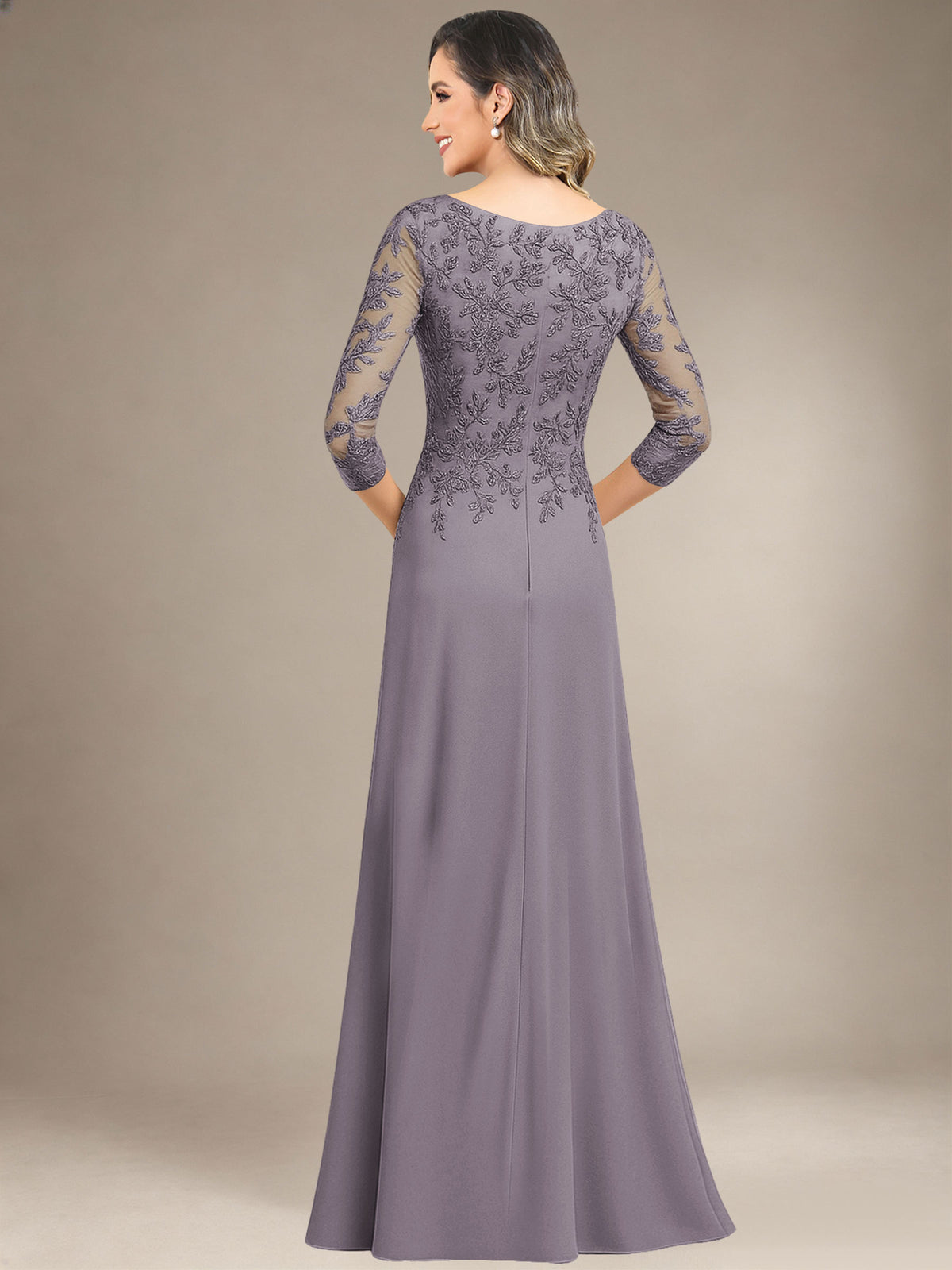 Bateau Neck Chiffon Lace Mermaid Mother of the Bride Dress with 3/4 Sleeves