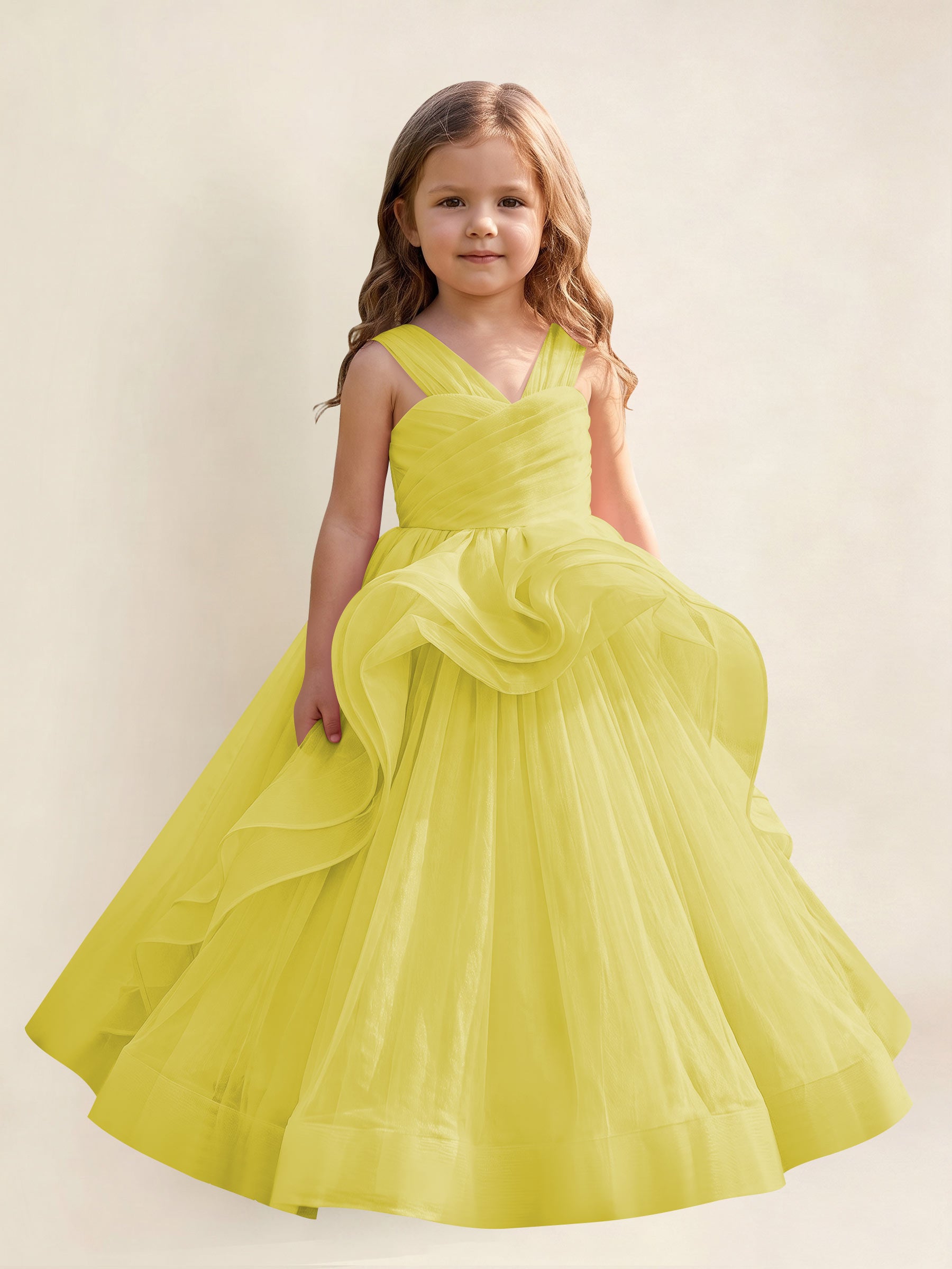 ROVDESY A-Line V-Neck Tulle Flower Girl Dress With Sleeveless Long Ball Gown Dress