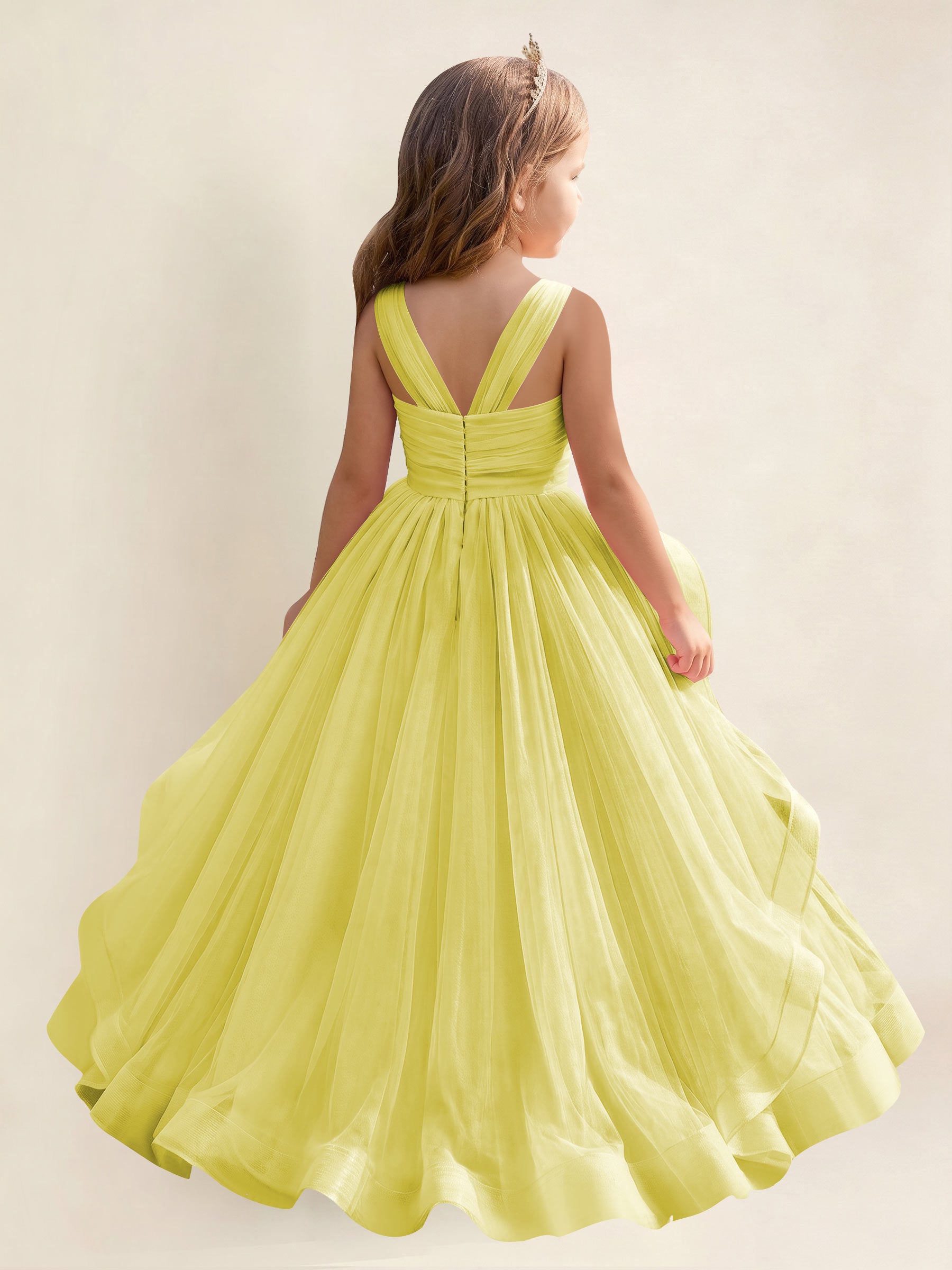 ROVDESY A-Line V-Neck Tulle Flower Girl Dress With Sleeveless Long Ball Gown Dress