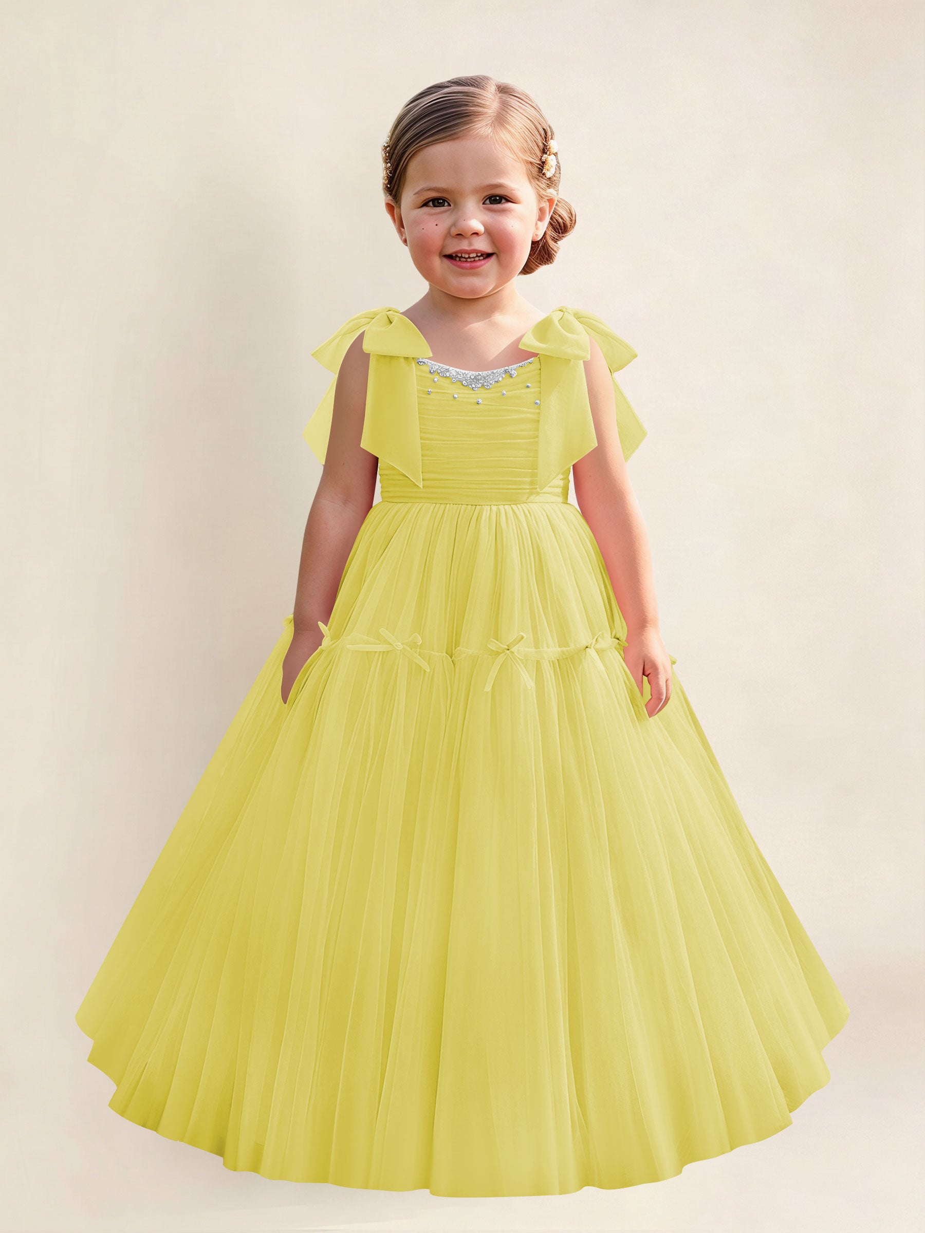 ROVDESY A-Line Tulle Flower Girl Dress With Bow Long Ball Gown Dress
