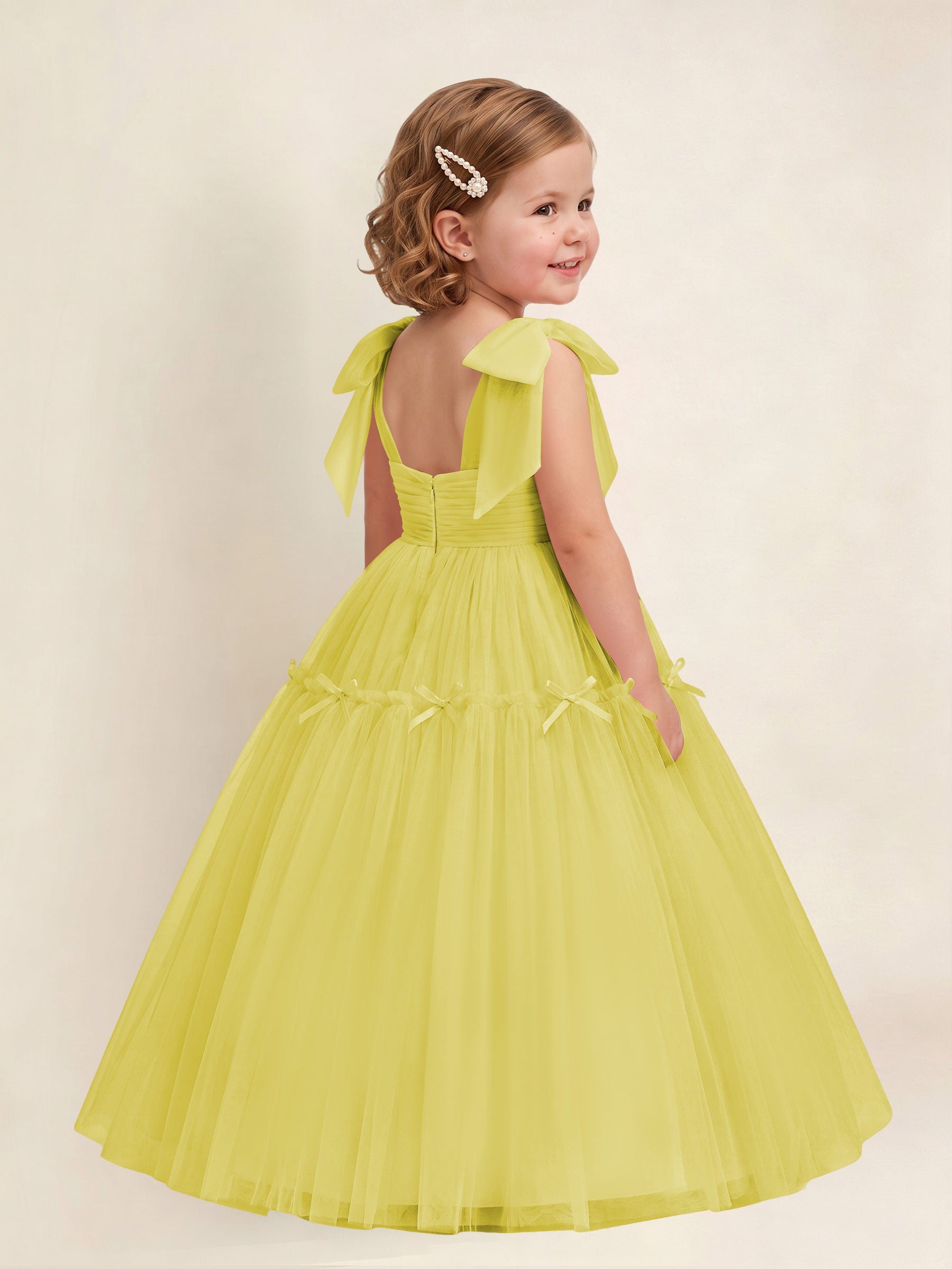 ROVDESY A-Line Tulle Flower Girl Dress With Bow Long Ball Gown Dress