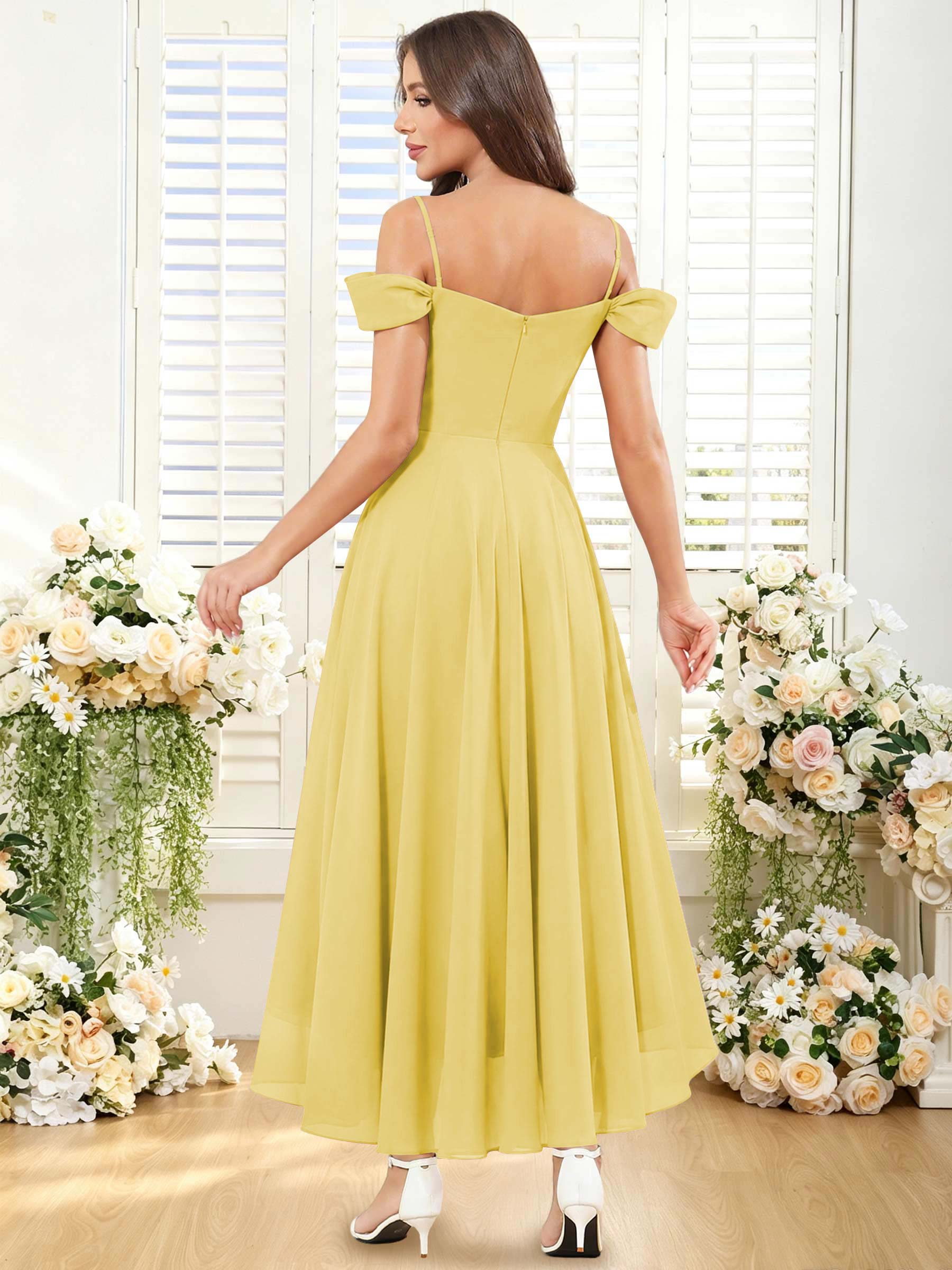 ROVDESY ROVDESY Short Cold Shoulder Sweetheart High Low Pleated Chiffon Bridesmaid Dress