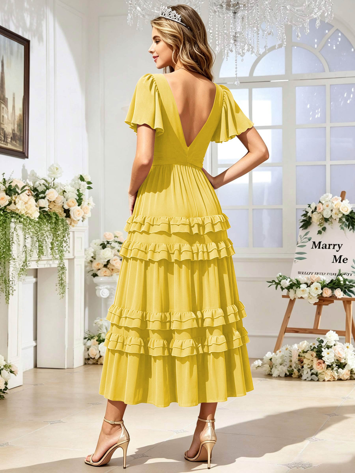A Line Chiffon Pleated Bridesmaid Dress with Sleeves