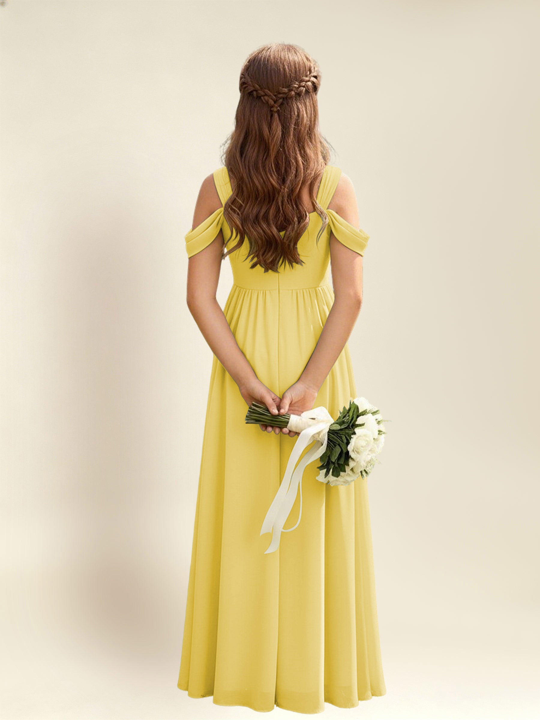 ROVDESY A-Line Off The Shoulder Pleated Chiffon Junior Bridesmaid Dress