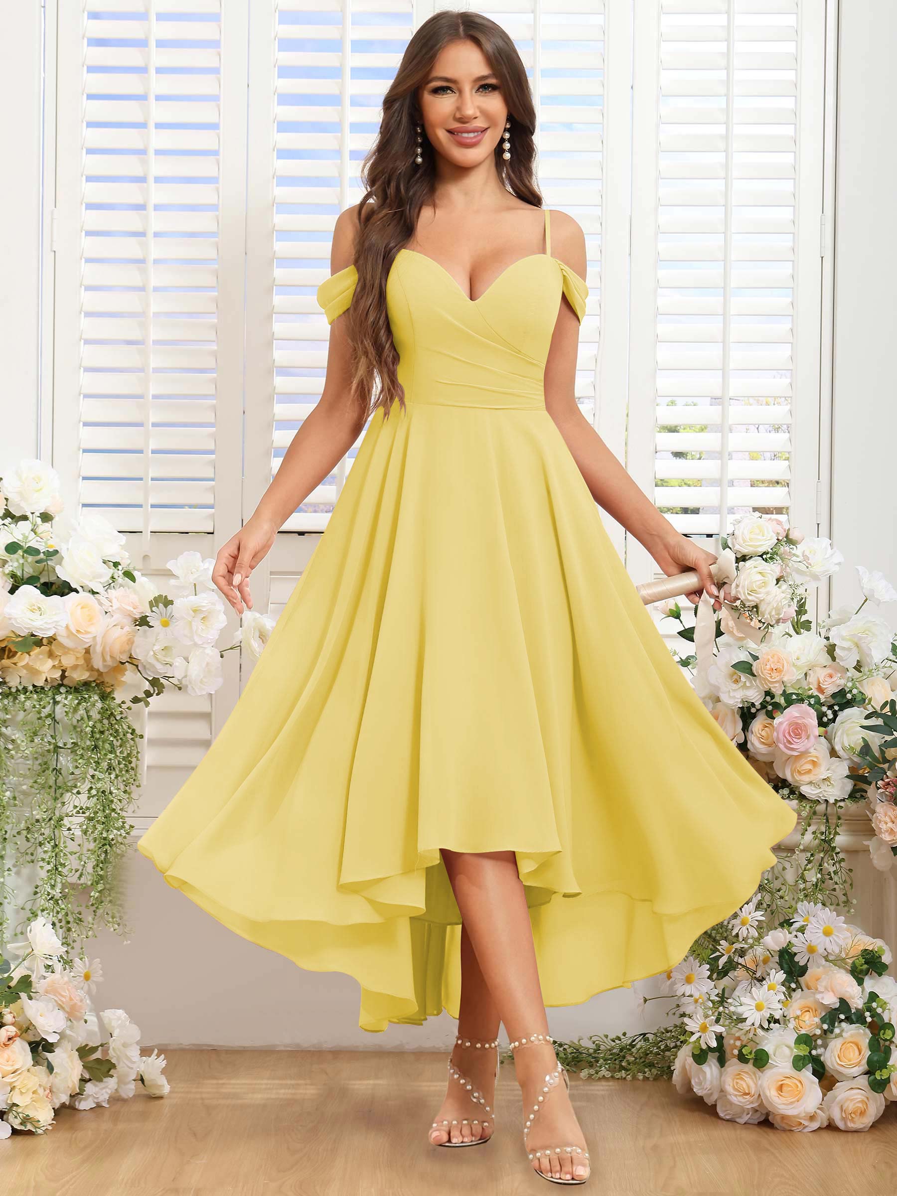 ROVDESY ROVDESY Short Cold Shoulder Sweetheart High Low Pleated Chiffon Bridesmaid Dress