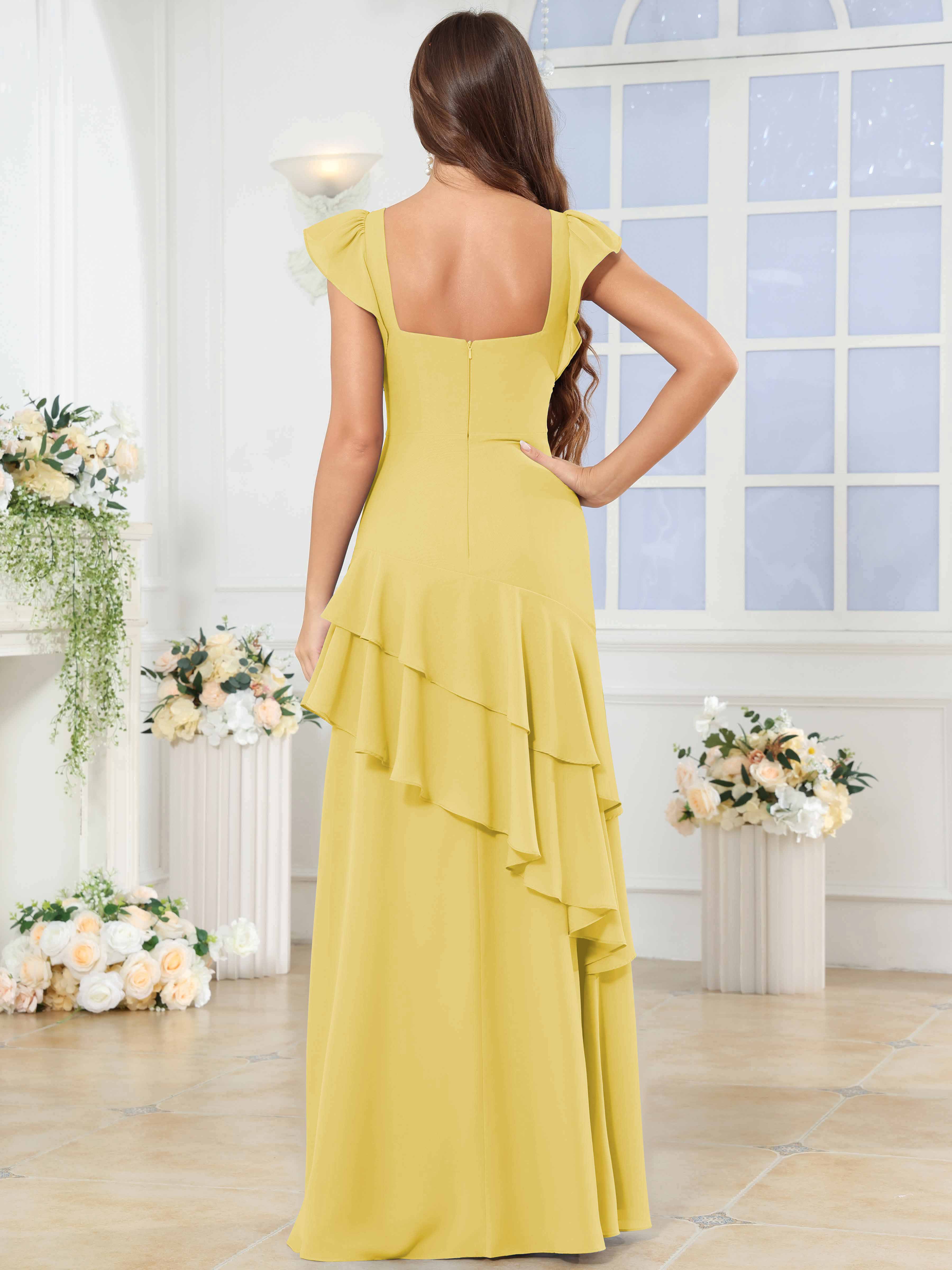 ROVDESY Sweetheart Tiered Ruffle Chiffon Bridesmaid Dress With Short Sleeves