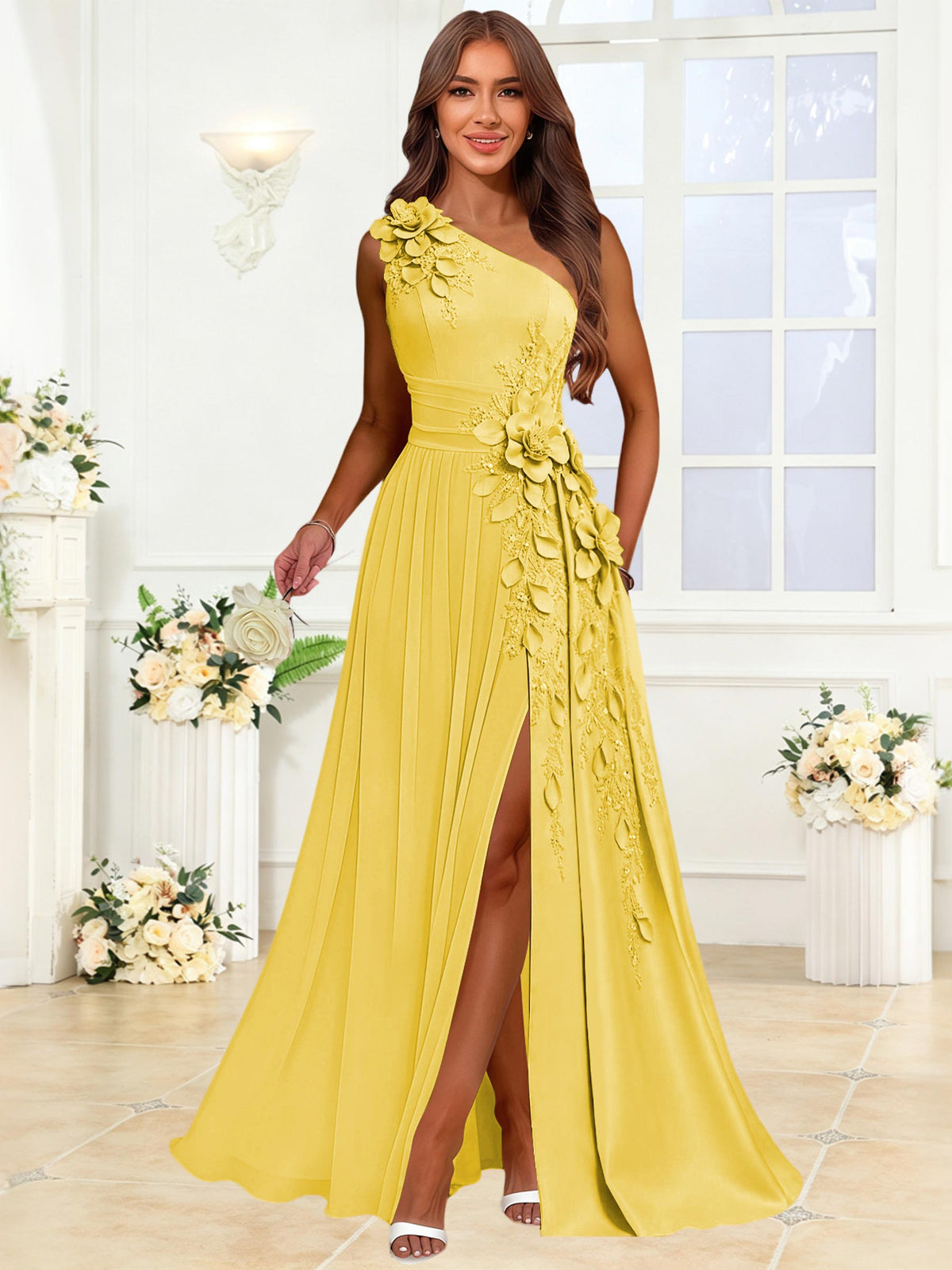 One Shoulder 3D Flower Chiffon Bridesmaid Dress with Slit