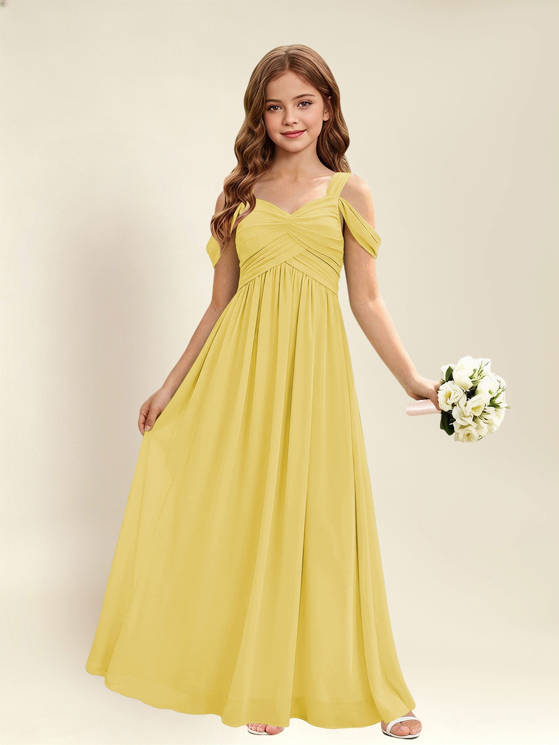 ROVDESY A-Line Off The Shoulder Pleated Chiffon Junior Bridesmaid Dress