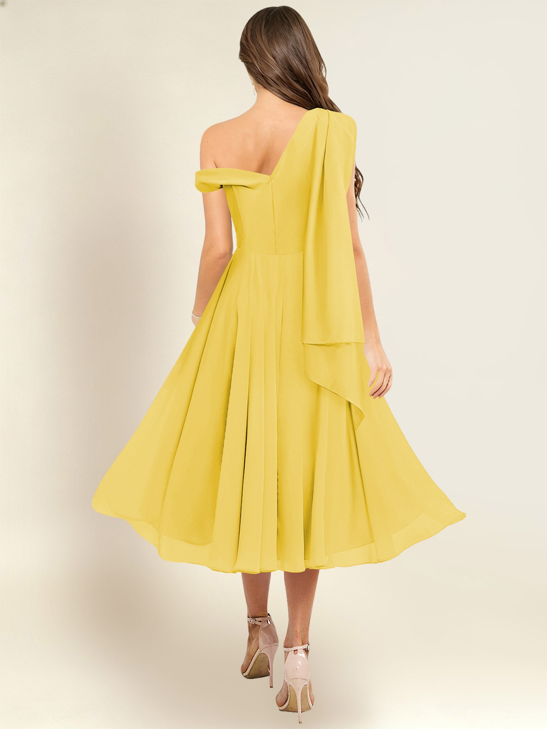 ROVDESY A-Line One Shoulder Pleated Chiffon Bridesmaid Dress With Flowing Sash