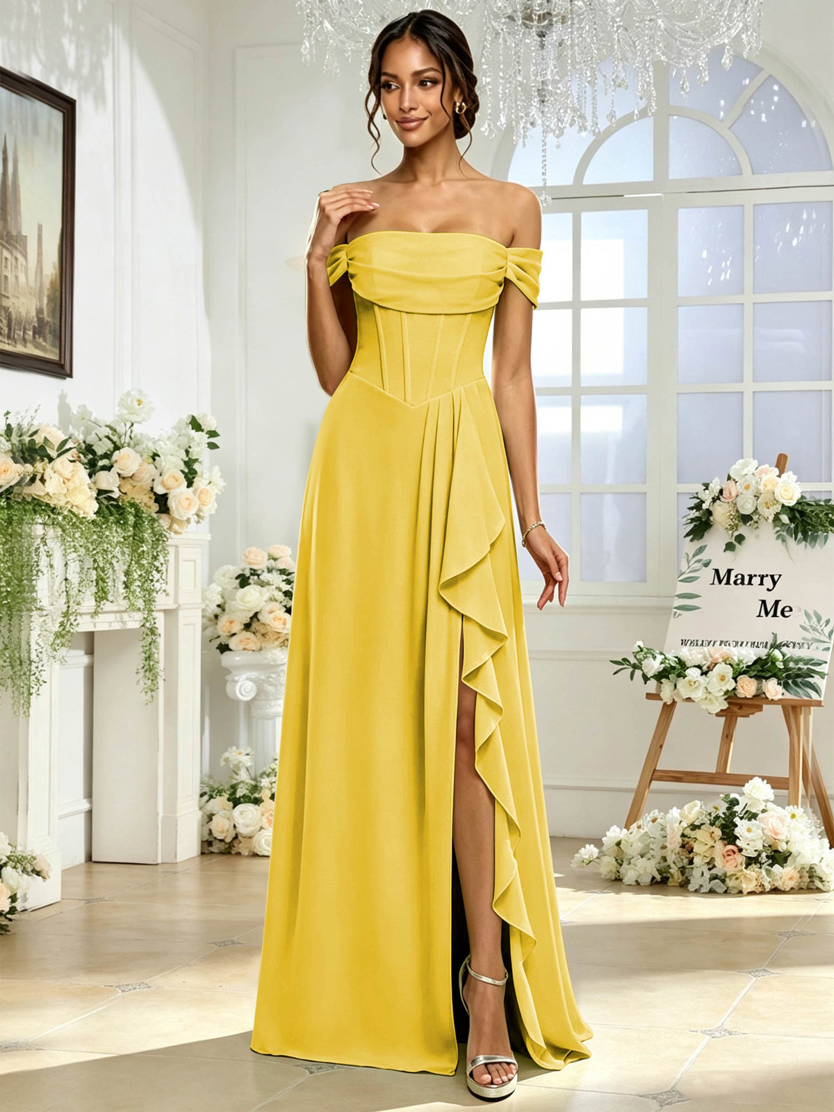Off the Shoulder Chiffon A Line Long Bridesmaid Dress with Slit