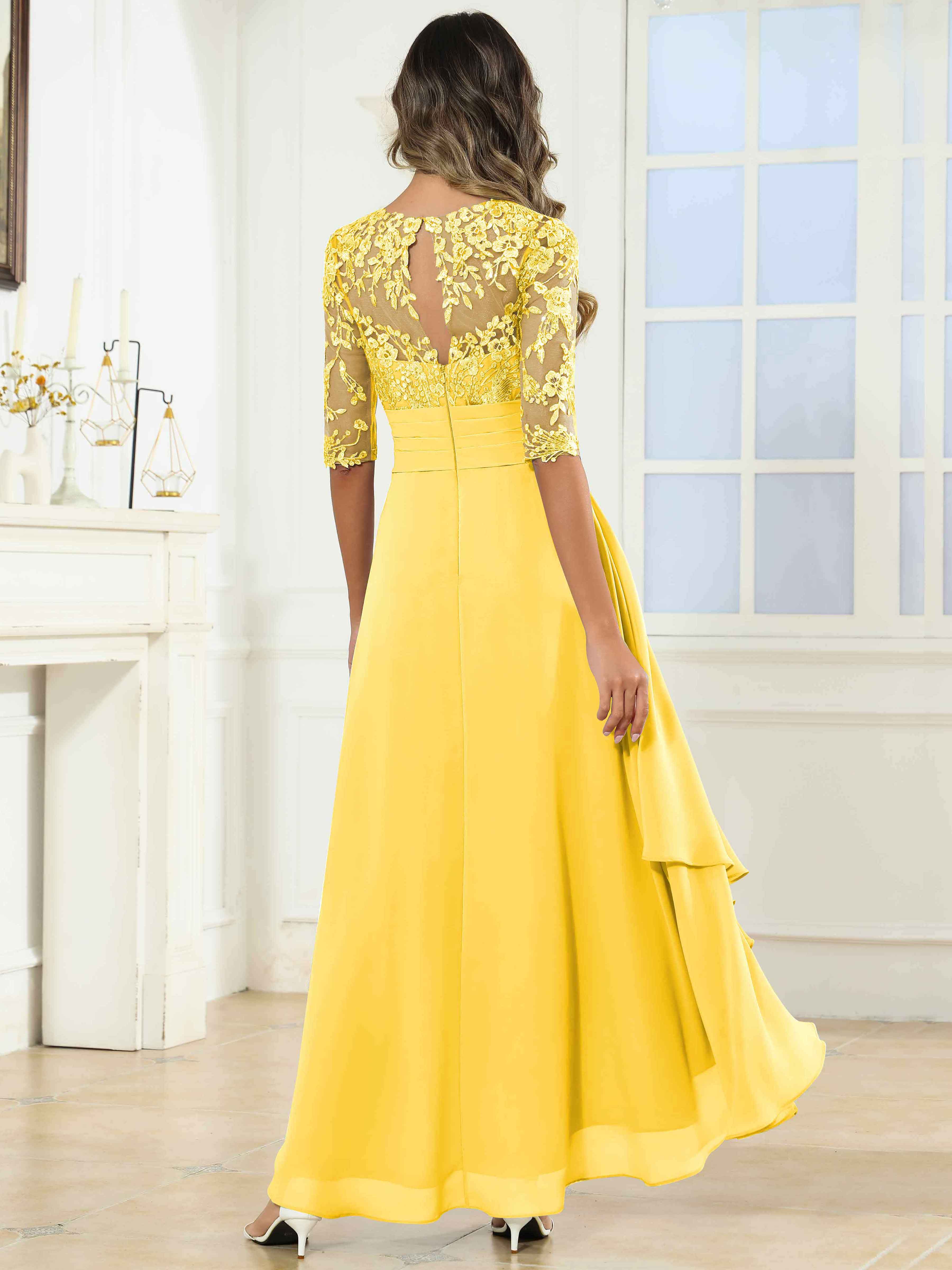ROVDESY Tea Length A-Line Lace Chiffon Mother Of The Bride Dress With Half Sleeves