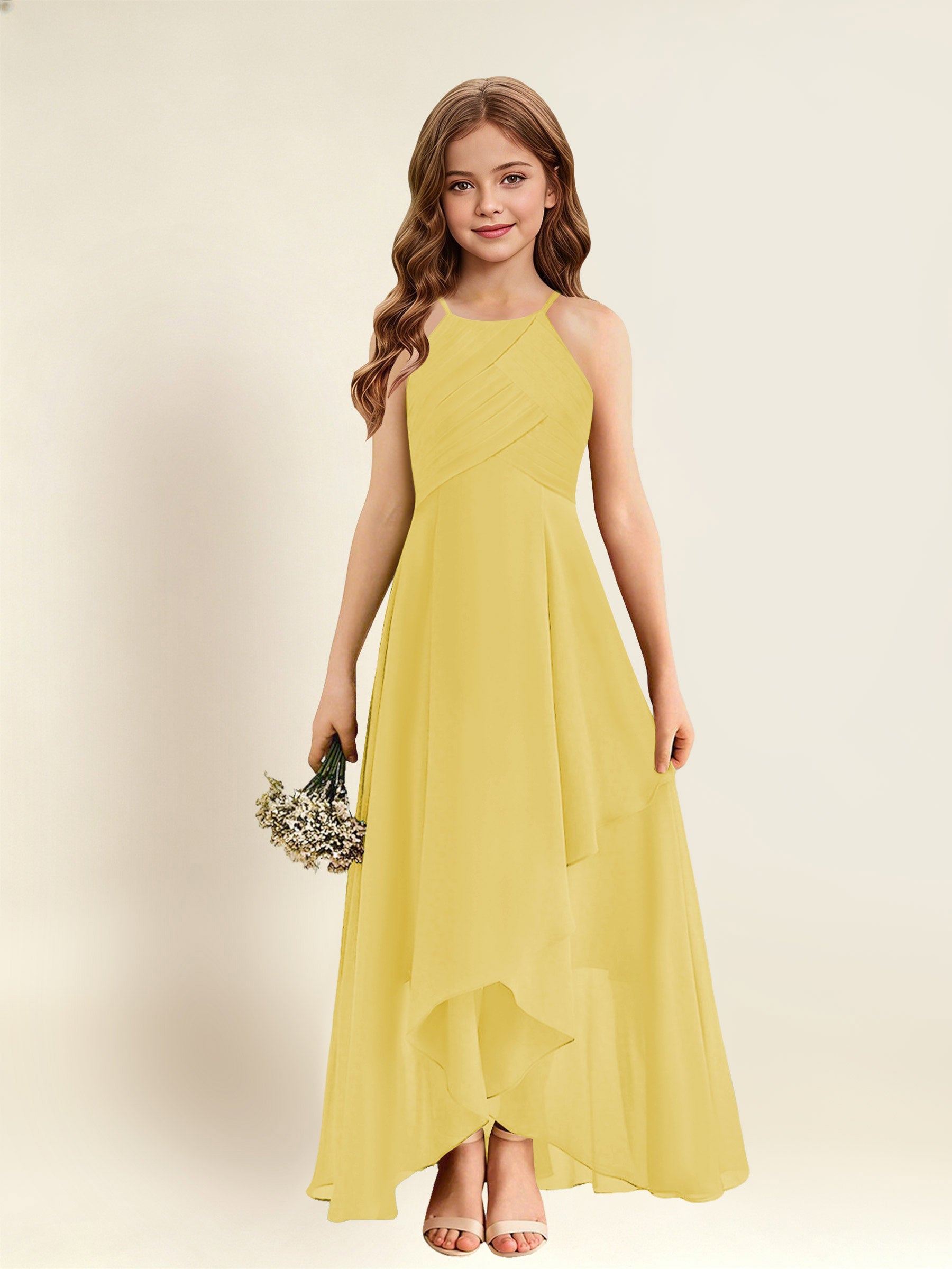 ROVDESY A-Line Halter Pleated Chiffon Junior Bridesmaid Dress