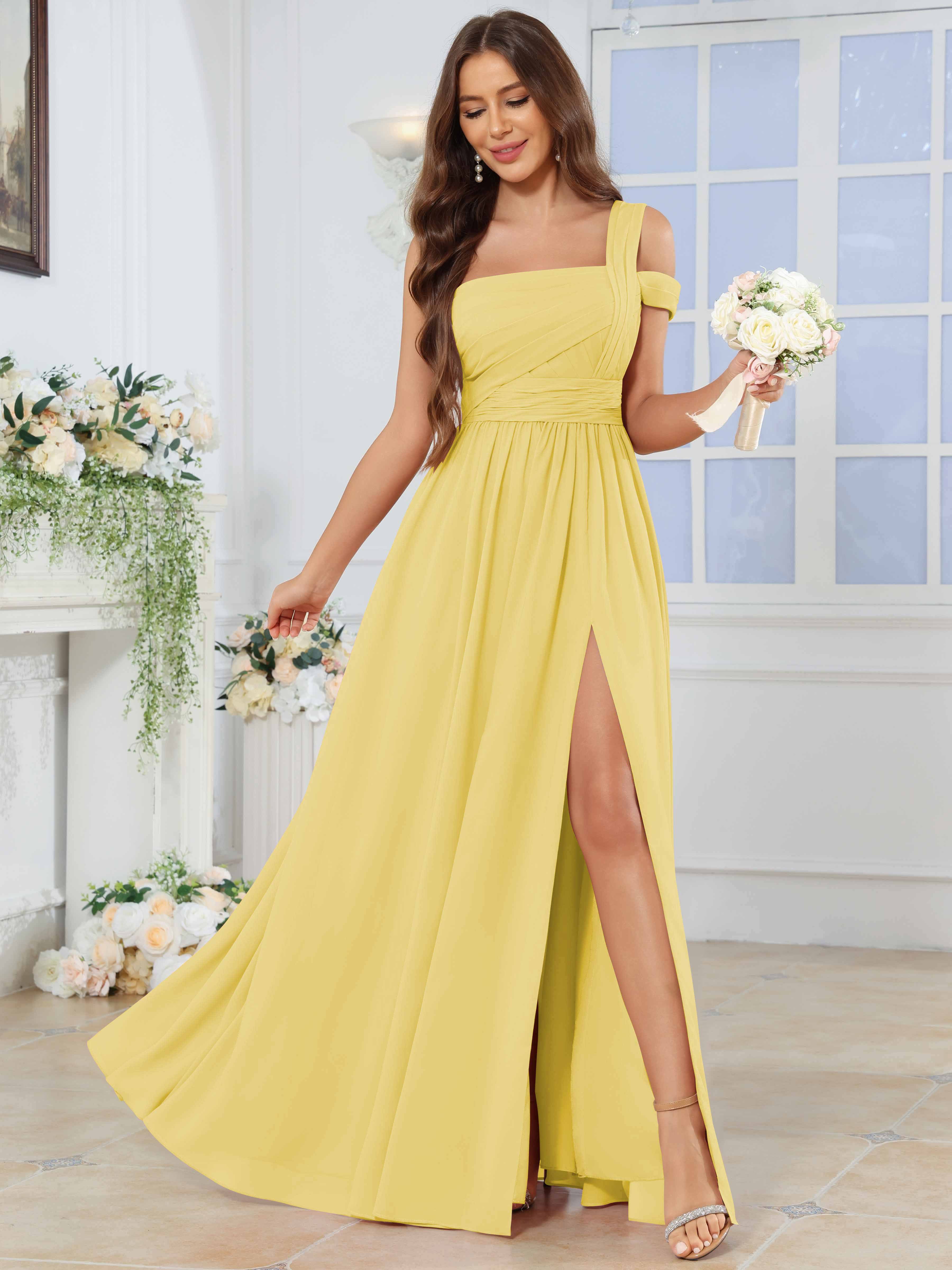 ROVDESY One Shoulder Pleated Chiffon Bridesmaid Dress With Slit