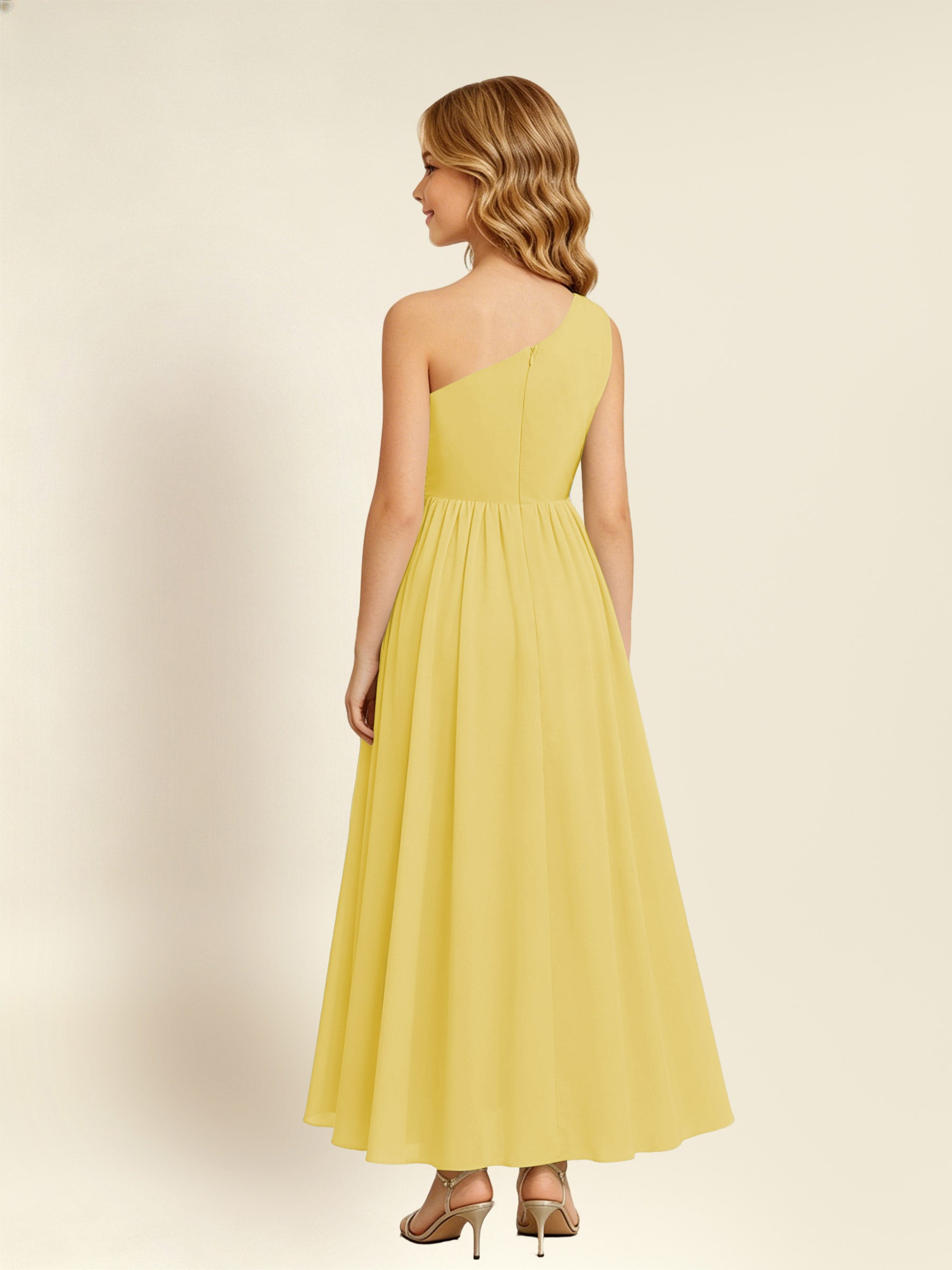 ROVDESY One Shoulder Twist Waist Chiffon Junior Bridesmaid Maxi Dress