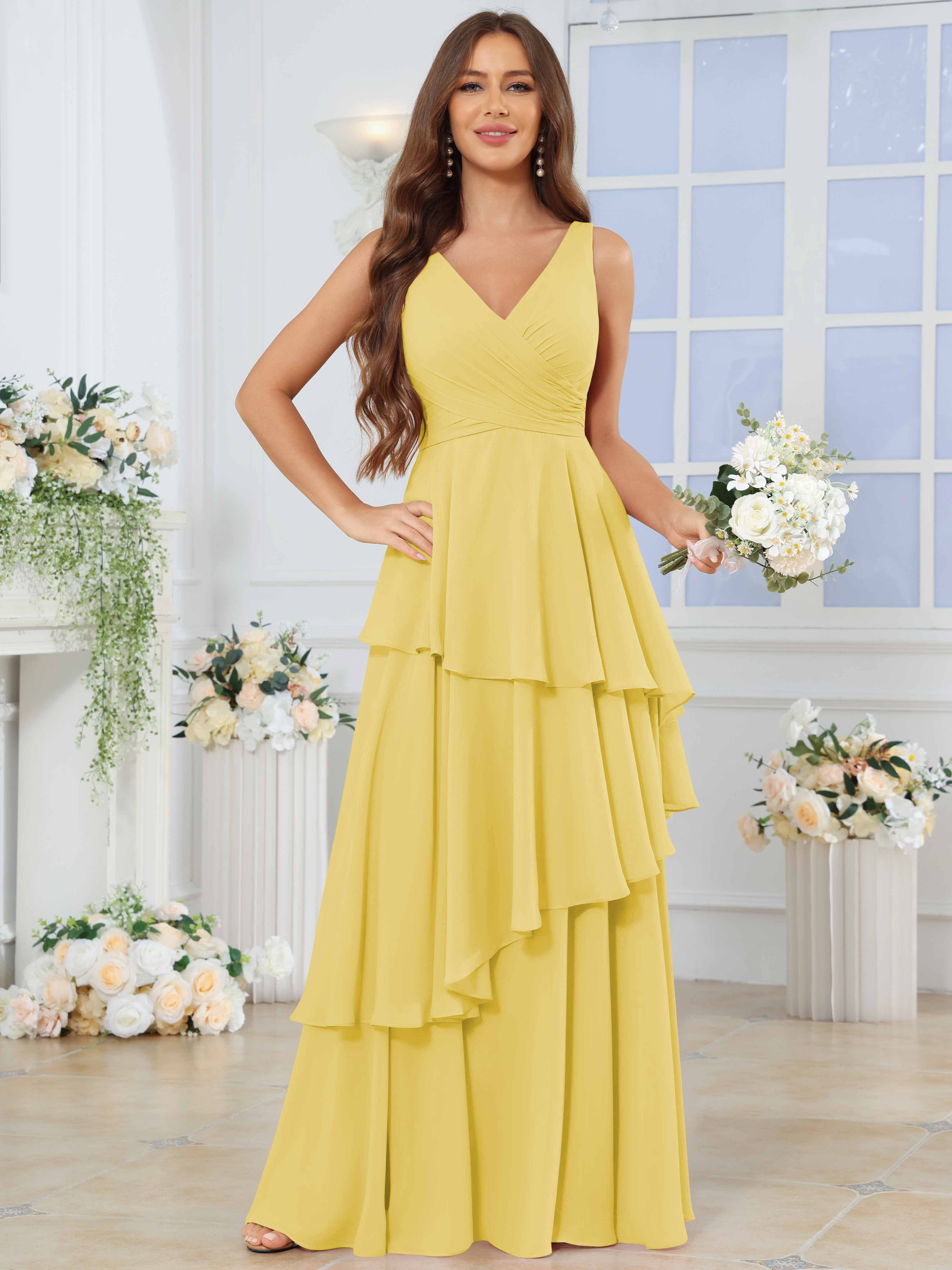 ROVDESY Long Sleeveless V-Neck Tiered Pleated Chiffon Bridesmaid Dress