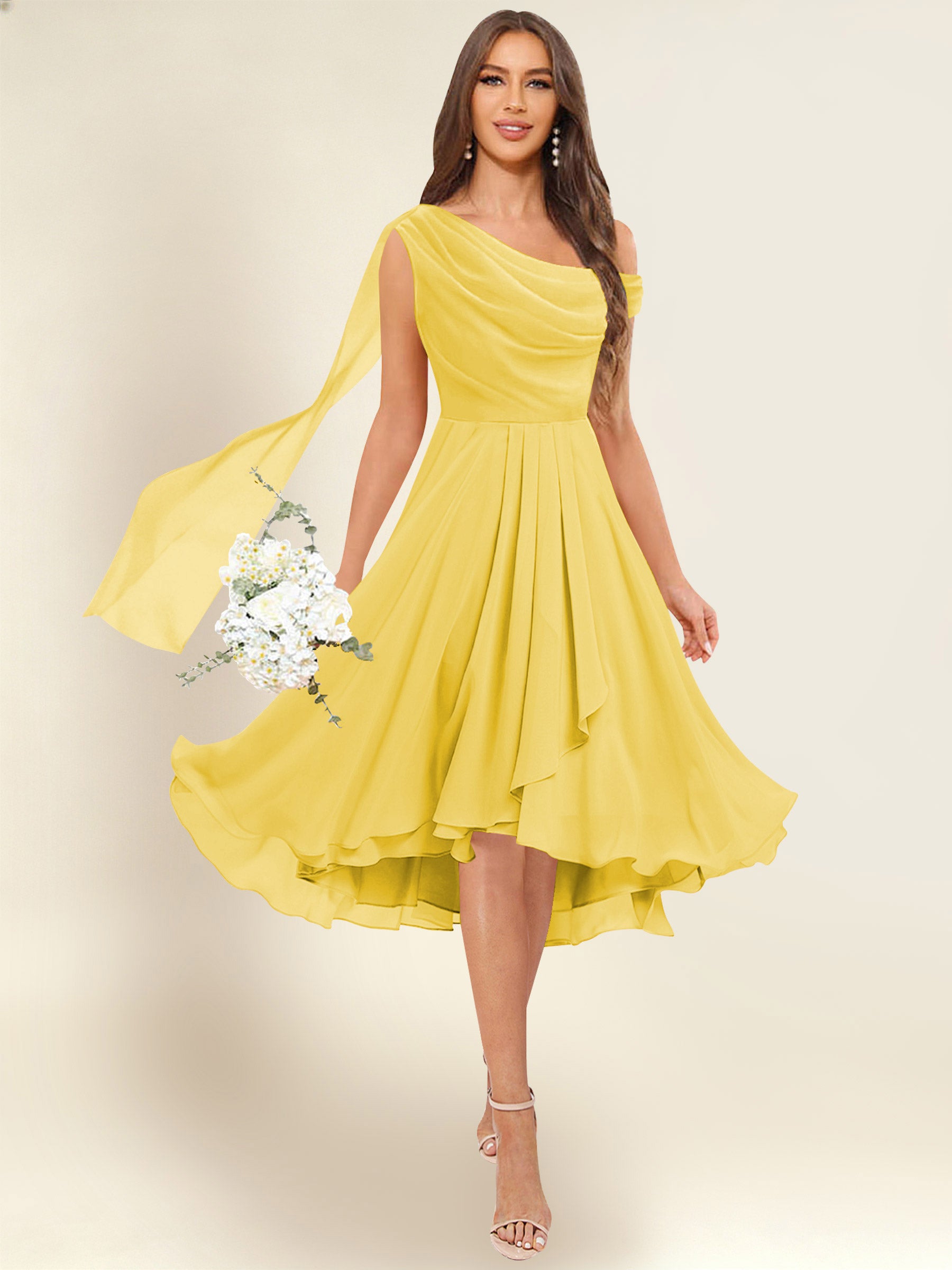 ROVDESY A-Line One Shoulder Pleated Chiffon Bridesmaid Dress With Flowing Sash