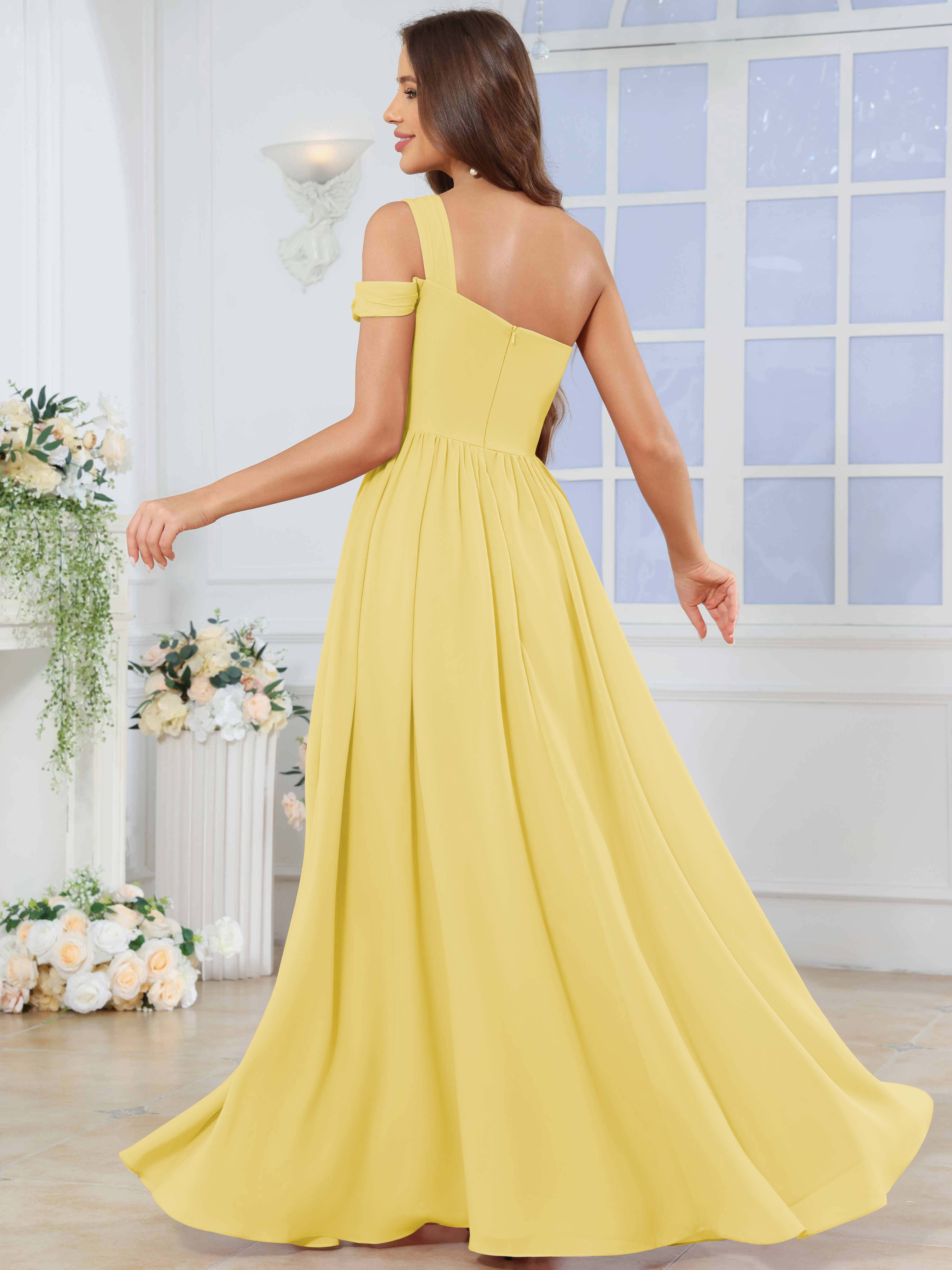 ROVDESY One Shoulder Pleated Chiffon Bridesmaid Dress With Slit