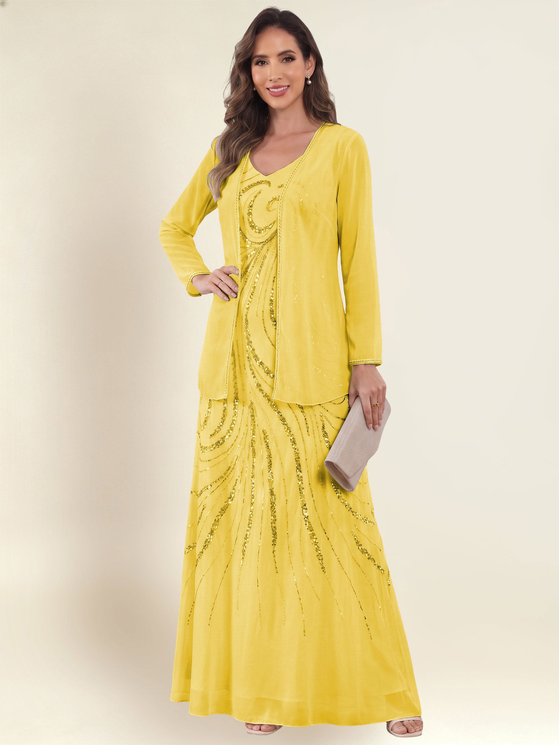 ROVDESY 2 Pieces V-Neck Sequin Chiffon Long Mother Of The Bride Dress With Long Sleeve Jacket