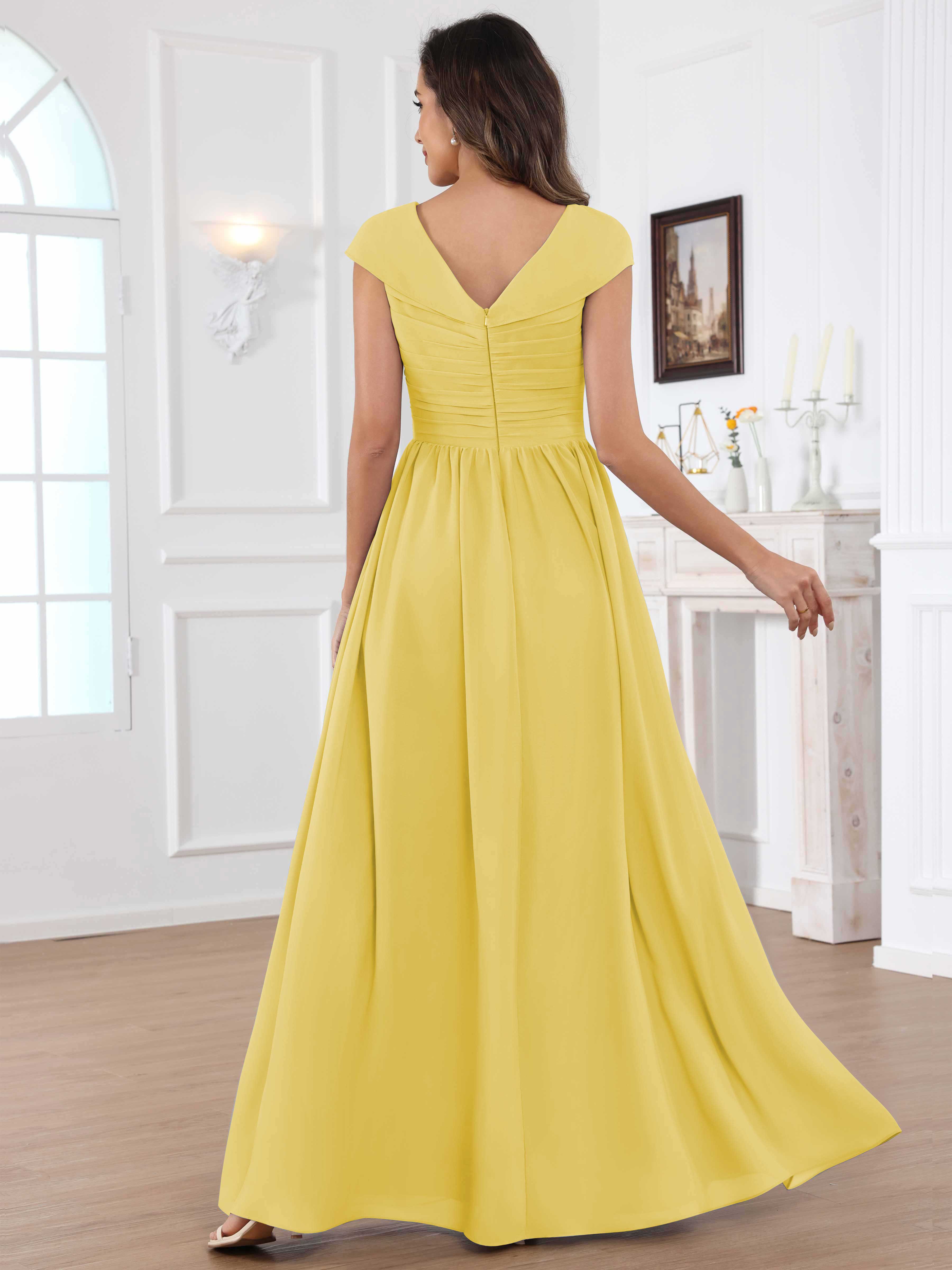 ROVDESY A-Line Cap Sleeves Pleated Chiffon Mother Of The Bride Dress