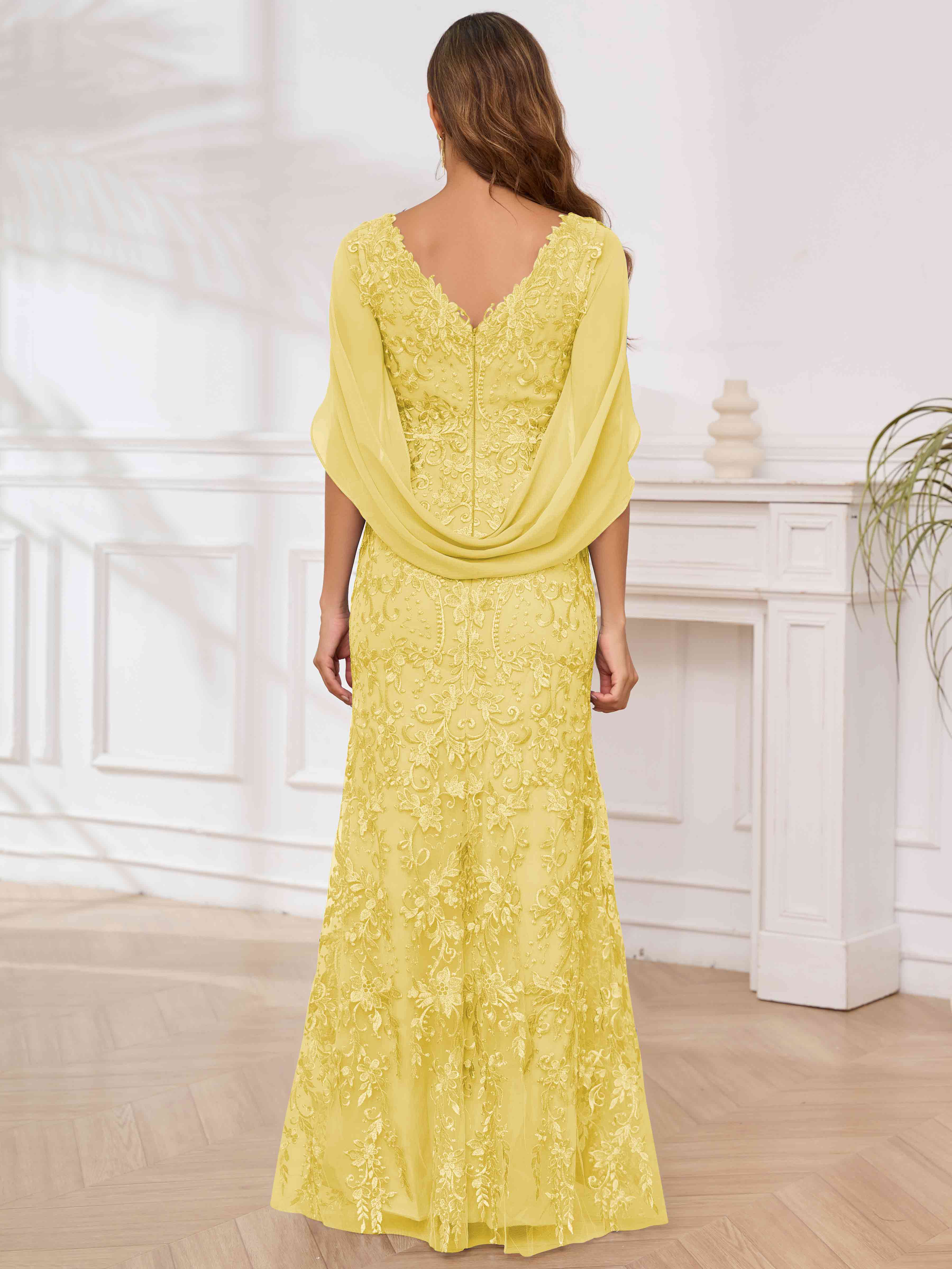 ROVDESY V-Neck Lace Mermaid Mother Of The Bride Dress With Cape Sleeves Long Formal Gown