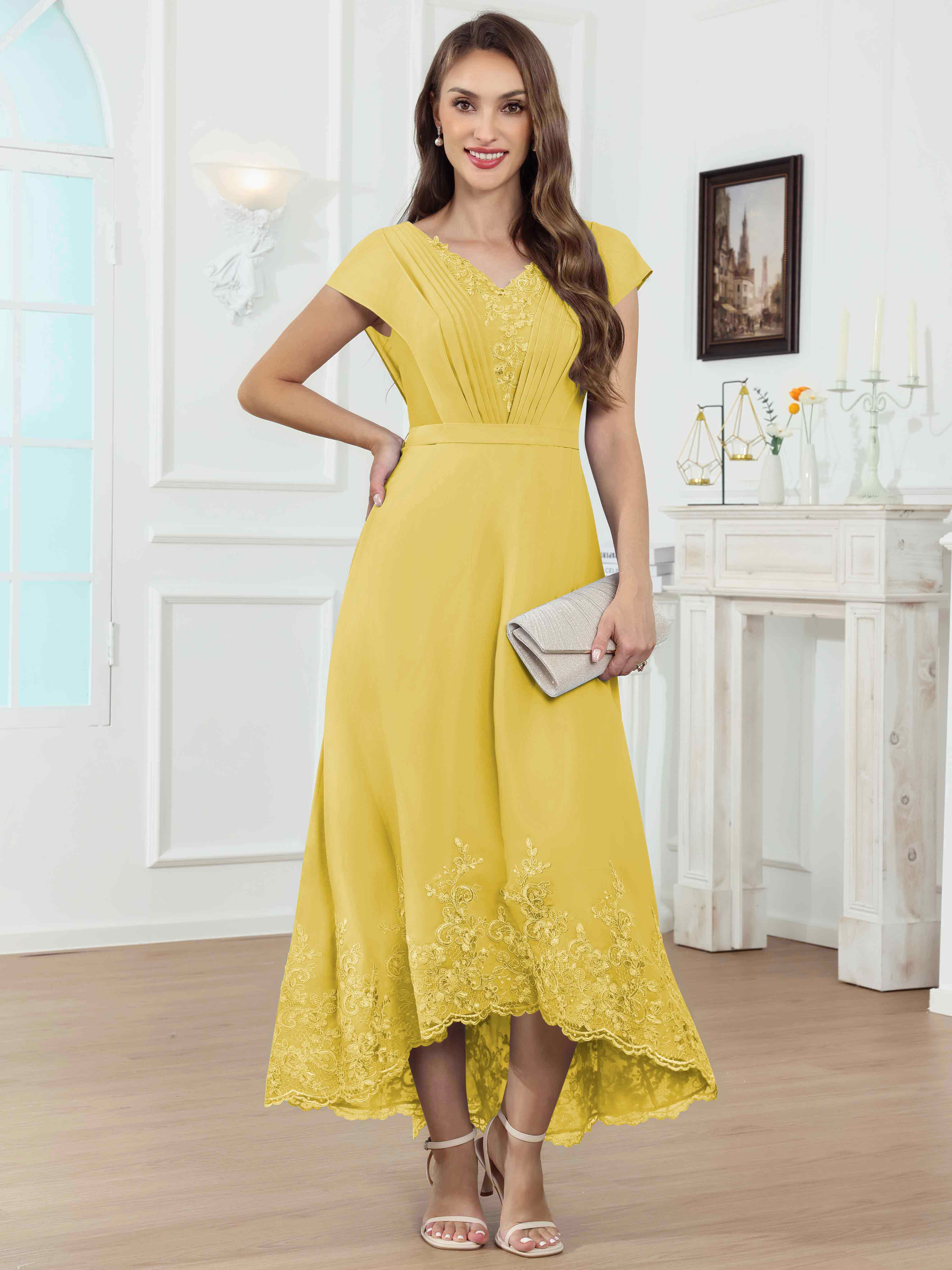 ROVDESY Tea Length High-Low V-Neck Ruched Lace Chiffon Mother of The Bride Dress for Women