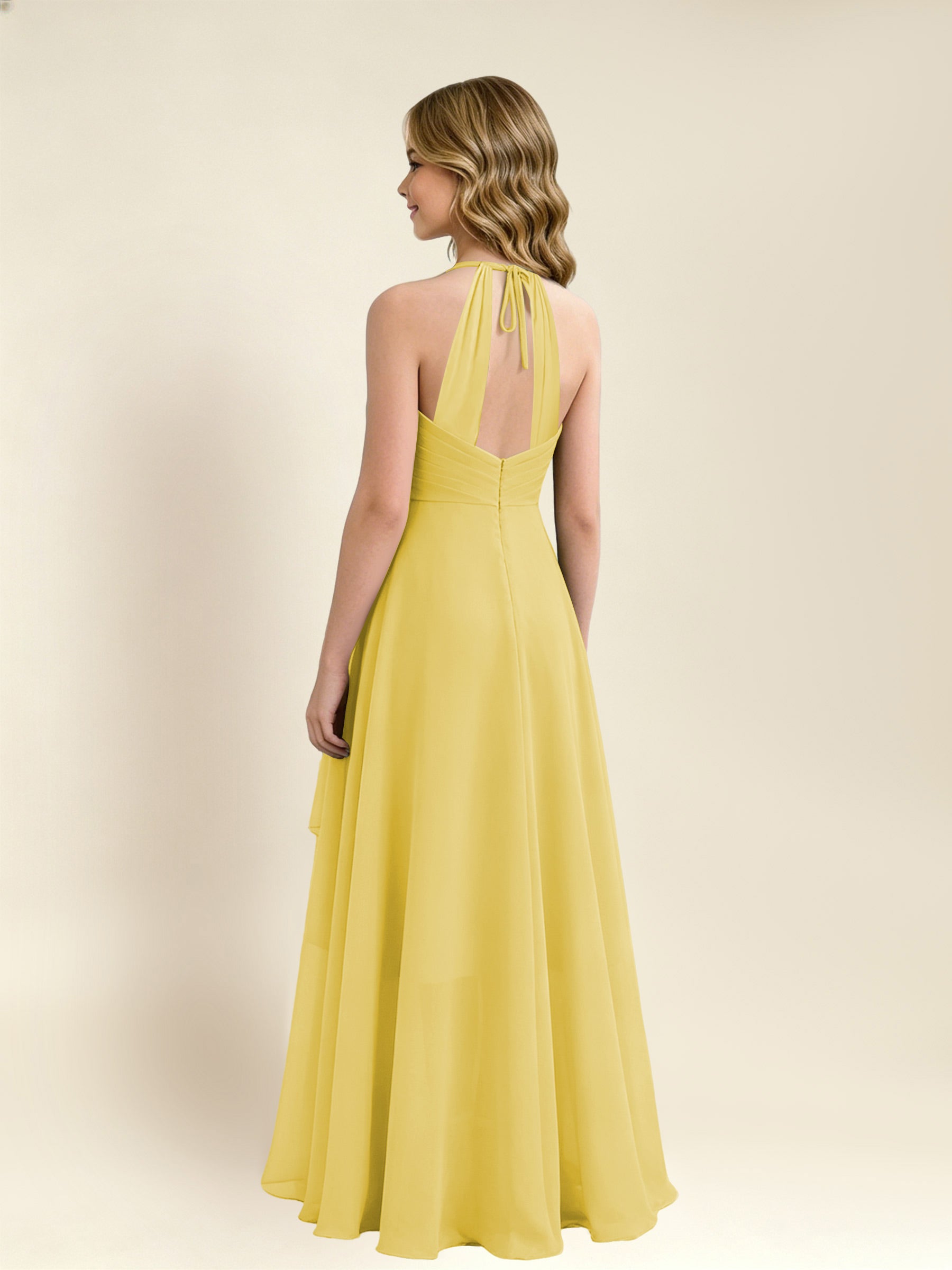 ROVDESY A-Line Halter Pleated Chiffon Junior Bridesmaid Dress