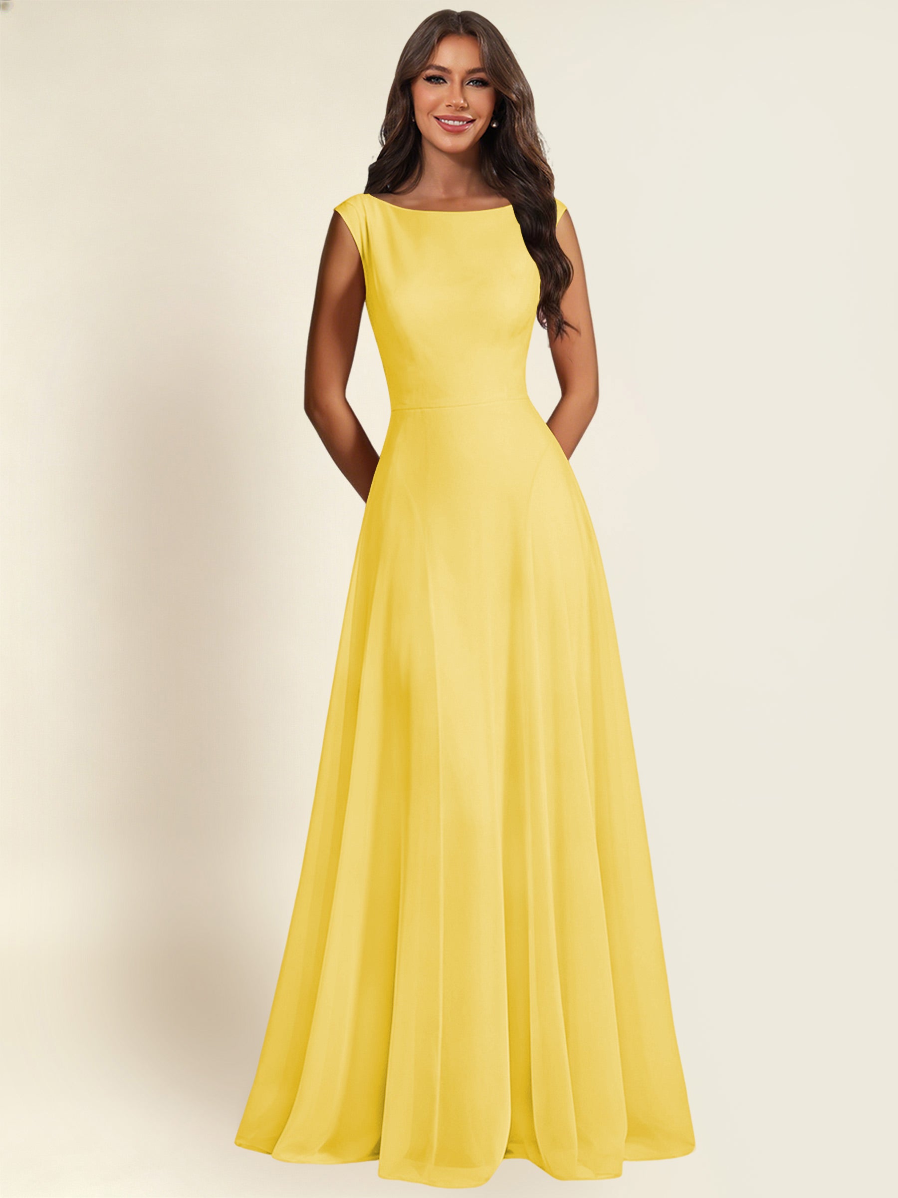 ROVDESY A-Line Chiffon Long Bridesmaid Dress With Sleeveless