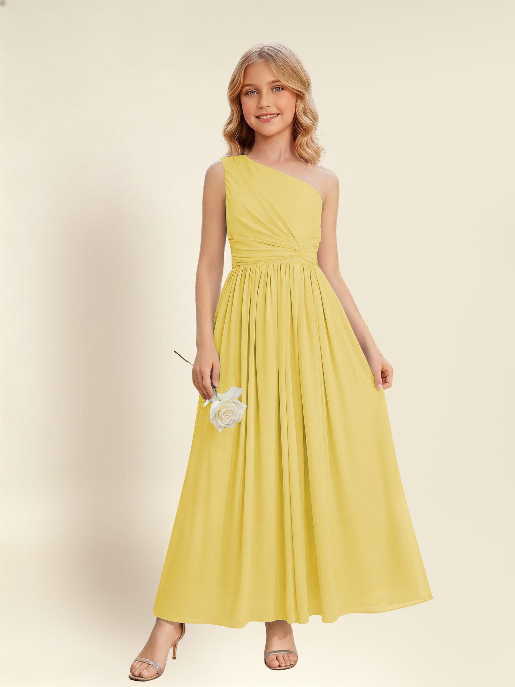 ROVDESY One Shoulder Twist Waist Chiffon Junior Bridesmaid Maxi Dress