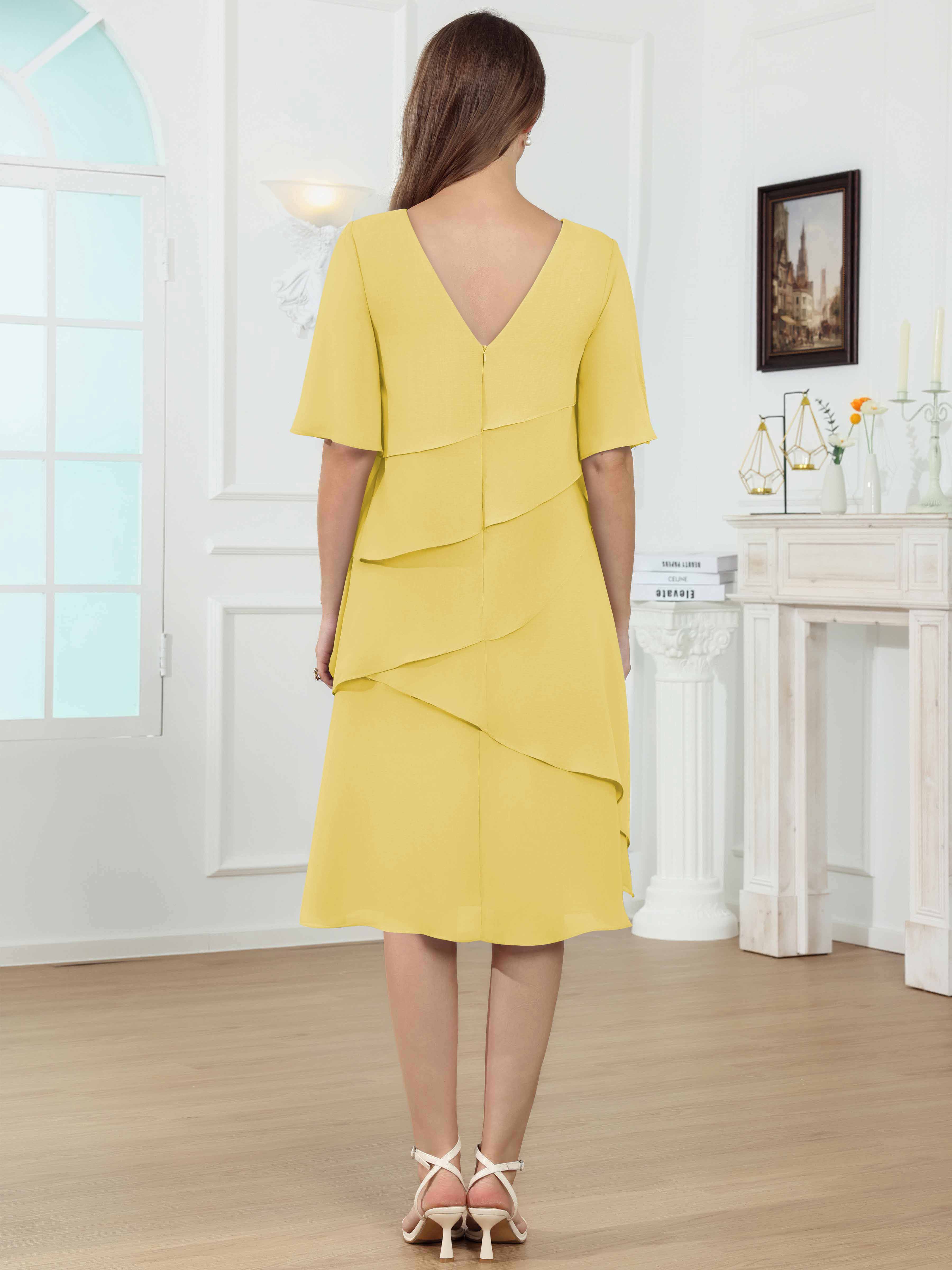 ROVDESY Knee Length Tiered Ruffle Chiffon Mother Of The Bride Dress With Half Sleeves