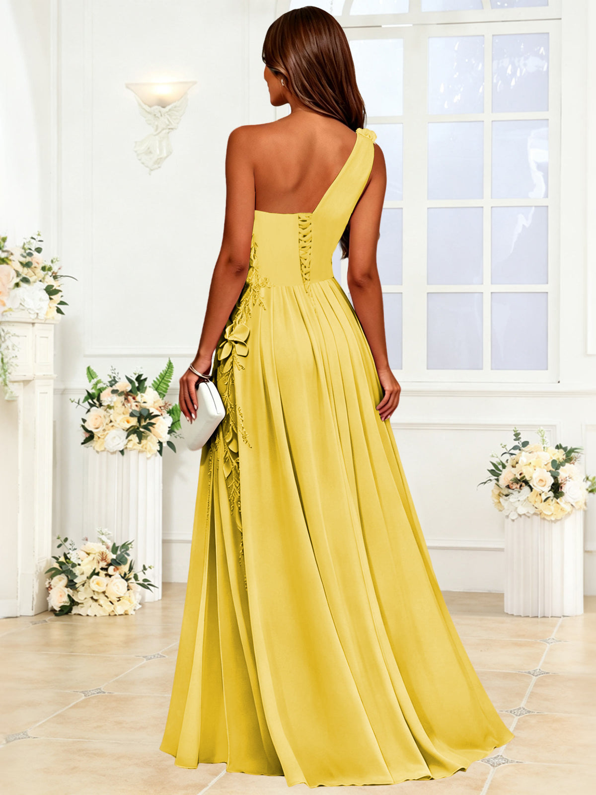 One Shoulder 3D Flower Chiffon Bridesmaid Dress with Slit