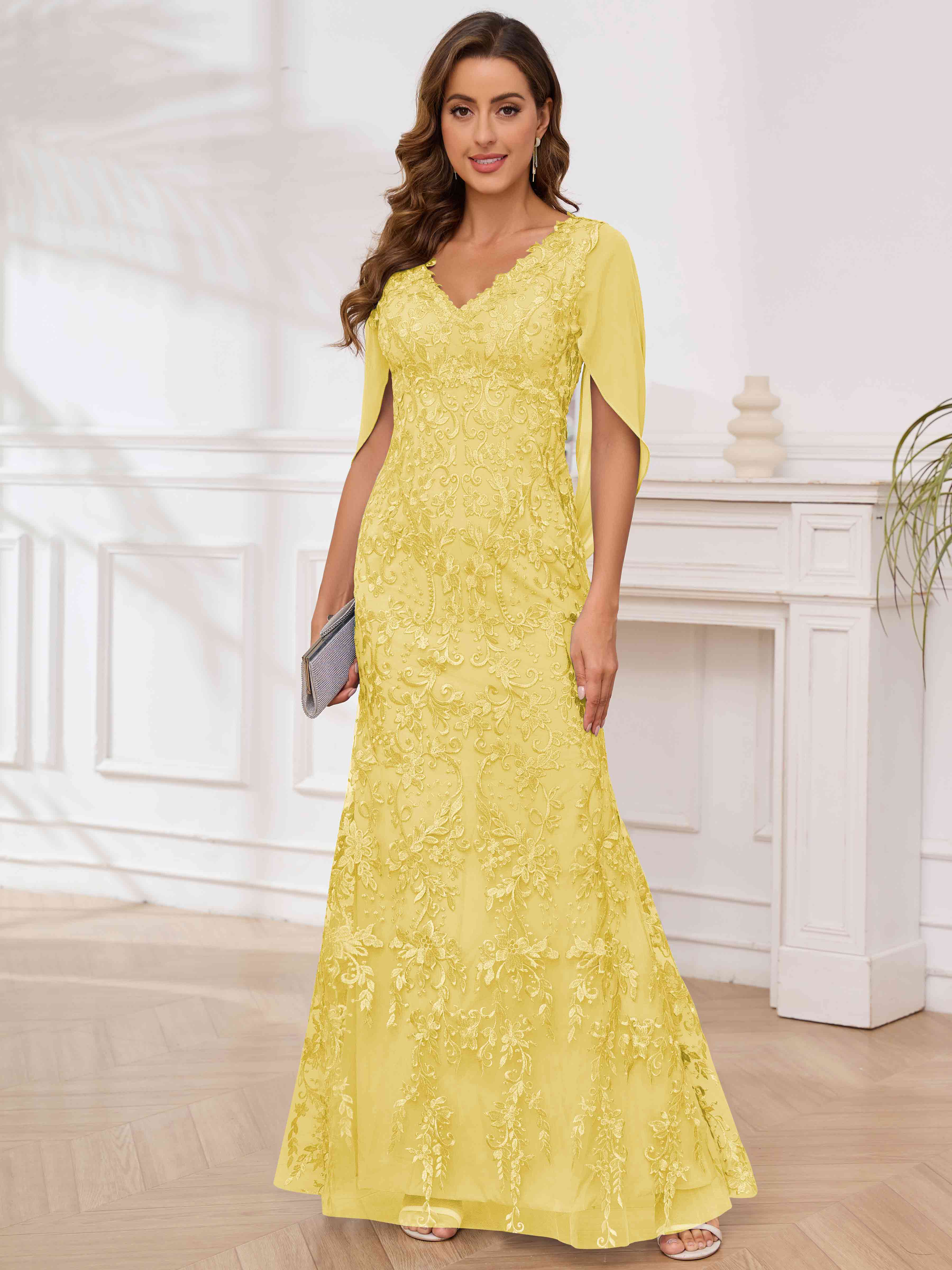 ROVDESY V-Neck Lace Mermaid Mother Of The Bride Dress With Cape Sleeves Long Formal Gown
