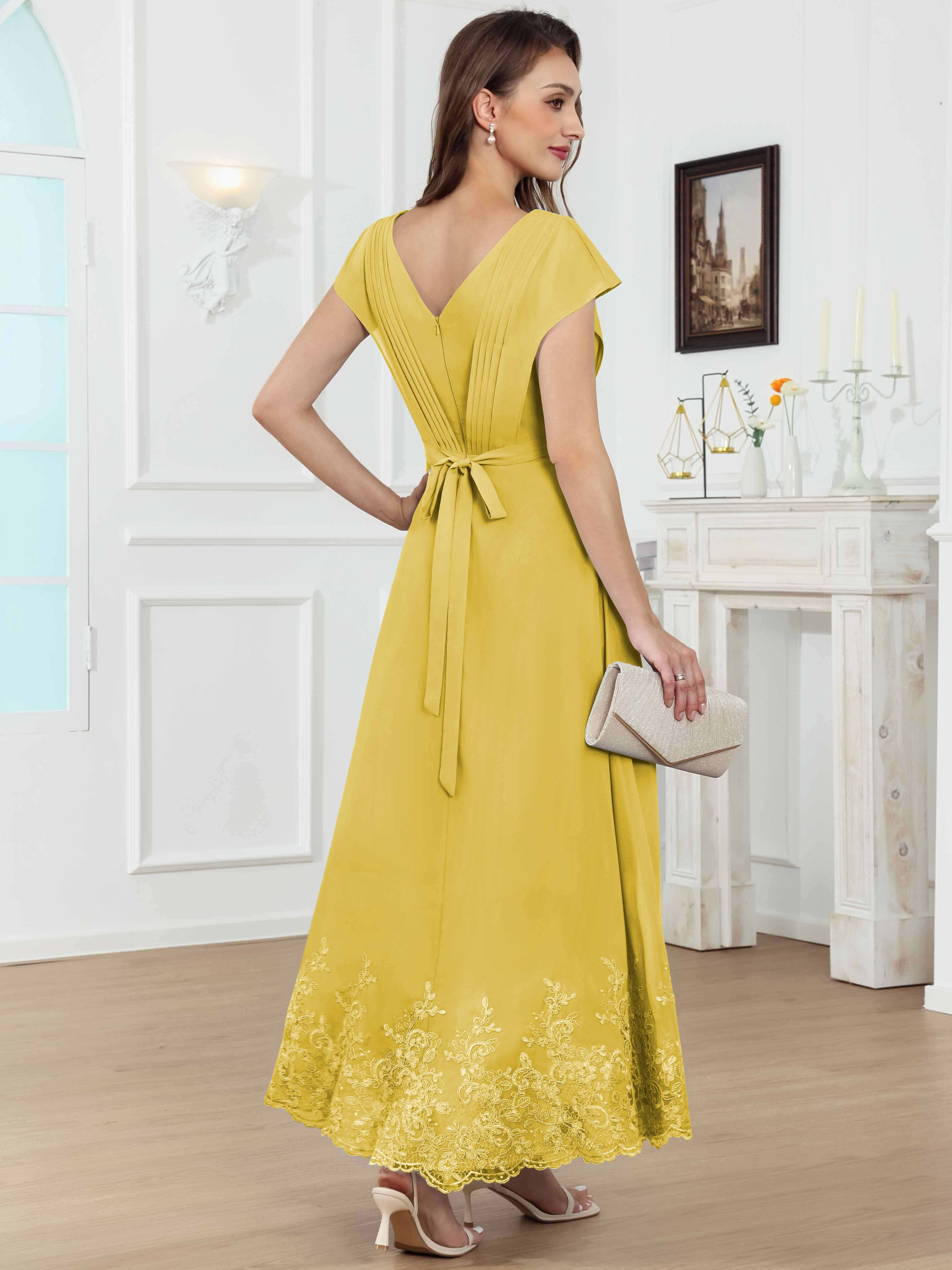 ROVDESY Tea Length High-Low V-Neck Ruched Lace Chiffon Mother of The Bride Dress for Women