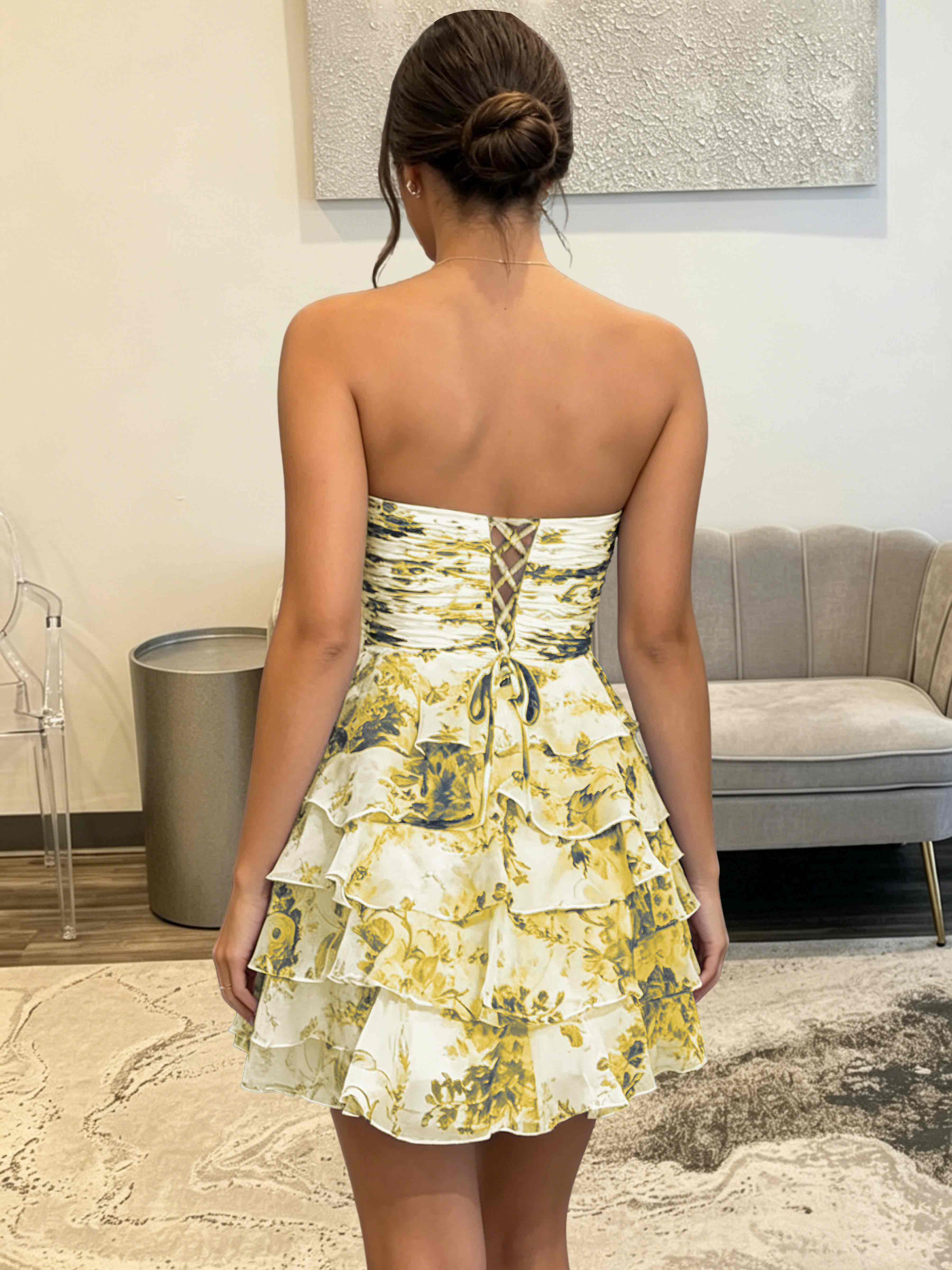 ROVDESY Strapless Tiered Ruffle Floral Print Chiffon Homecoming Mini Dress