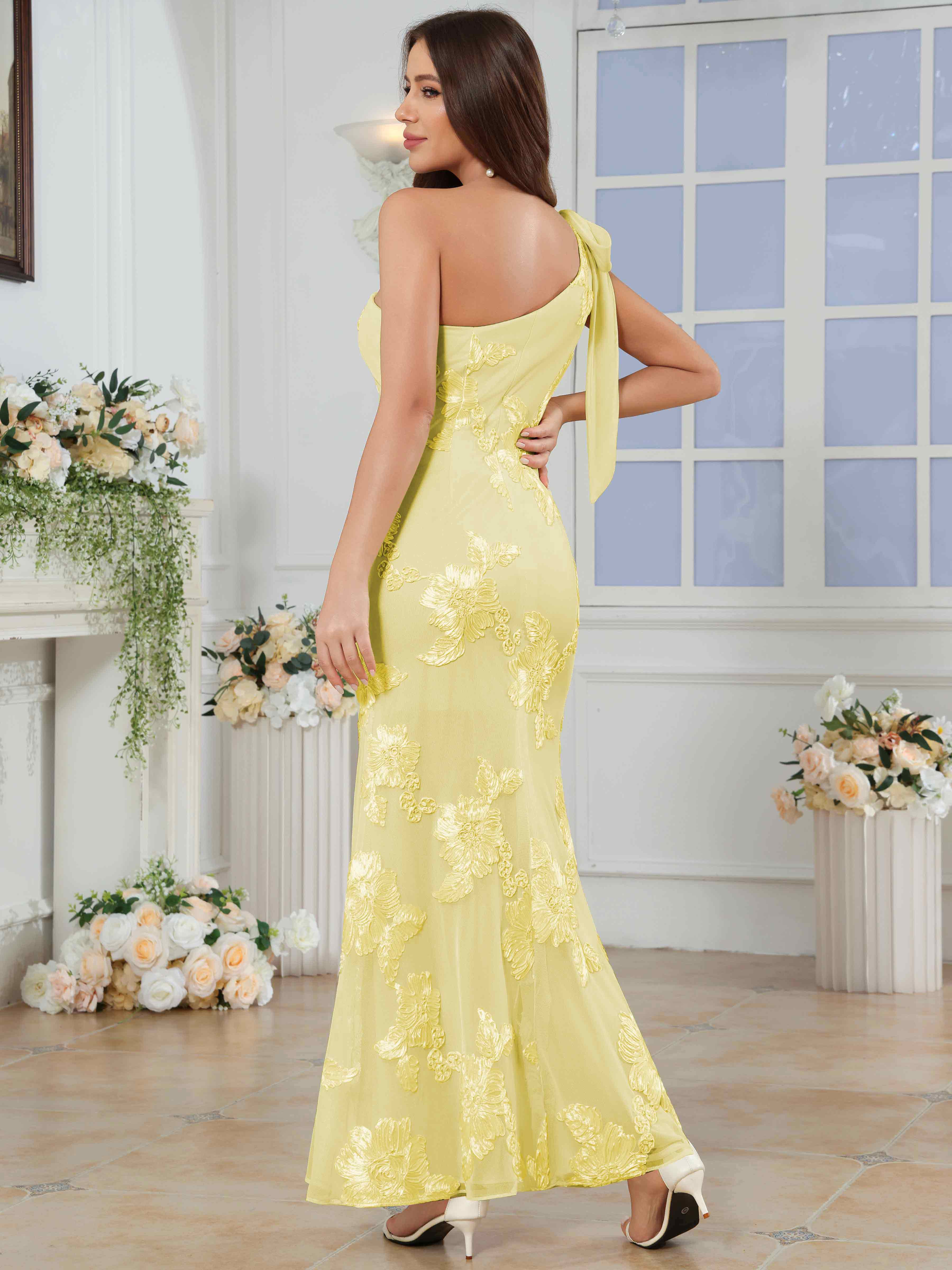 ROVDESY One-Shoulder Mermaid Floral Bridesmaid/Prom Dress