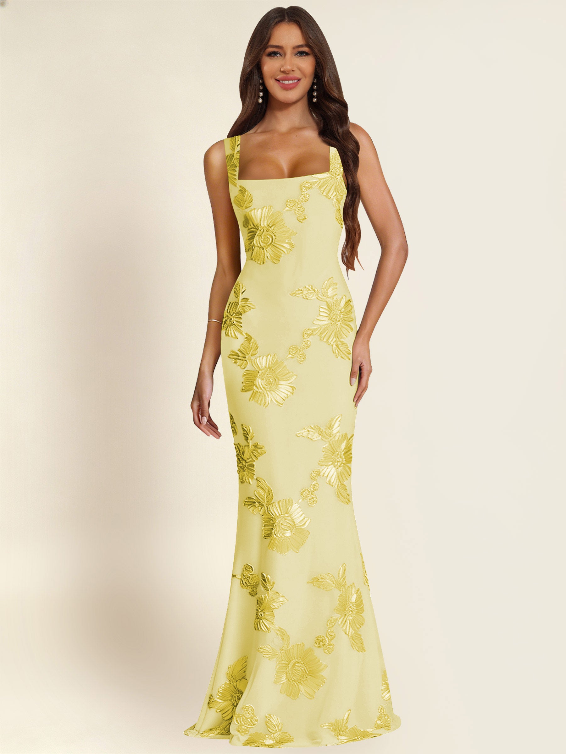 ROVDESY Square Neck Floral Applique Mermaid Long Prom/Bridesmaid Dress