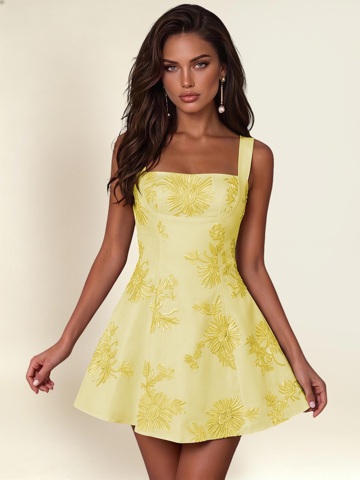 ROVDESY A-Line Square Neck Floral Embroidery Homecoming Mini Dress With Bow