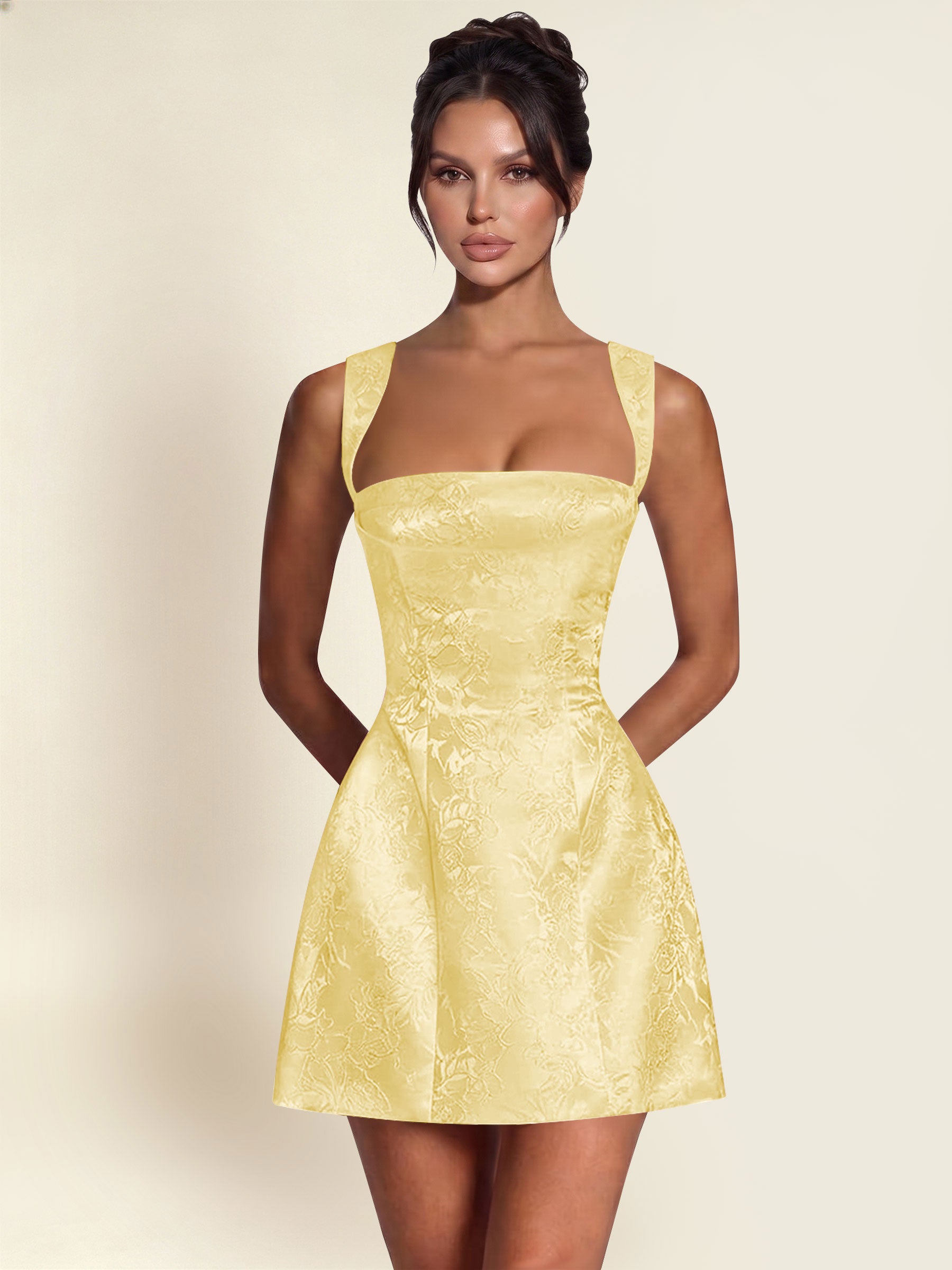 ROVDESY A-Line Square Neck Jacquard Satin Homecoming Mini Dress
