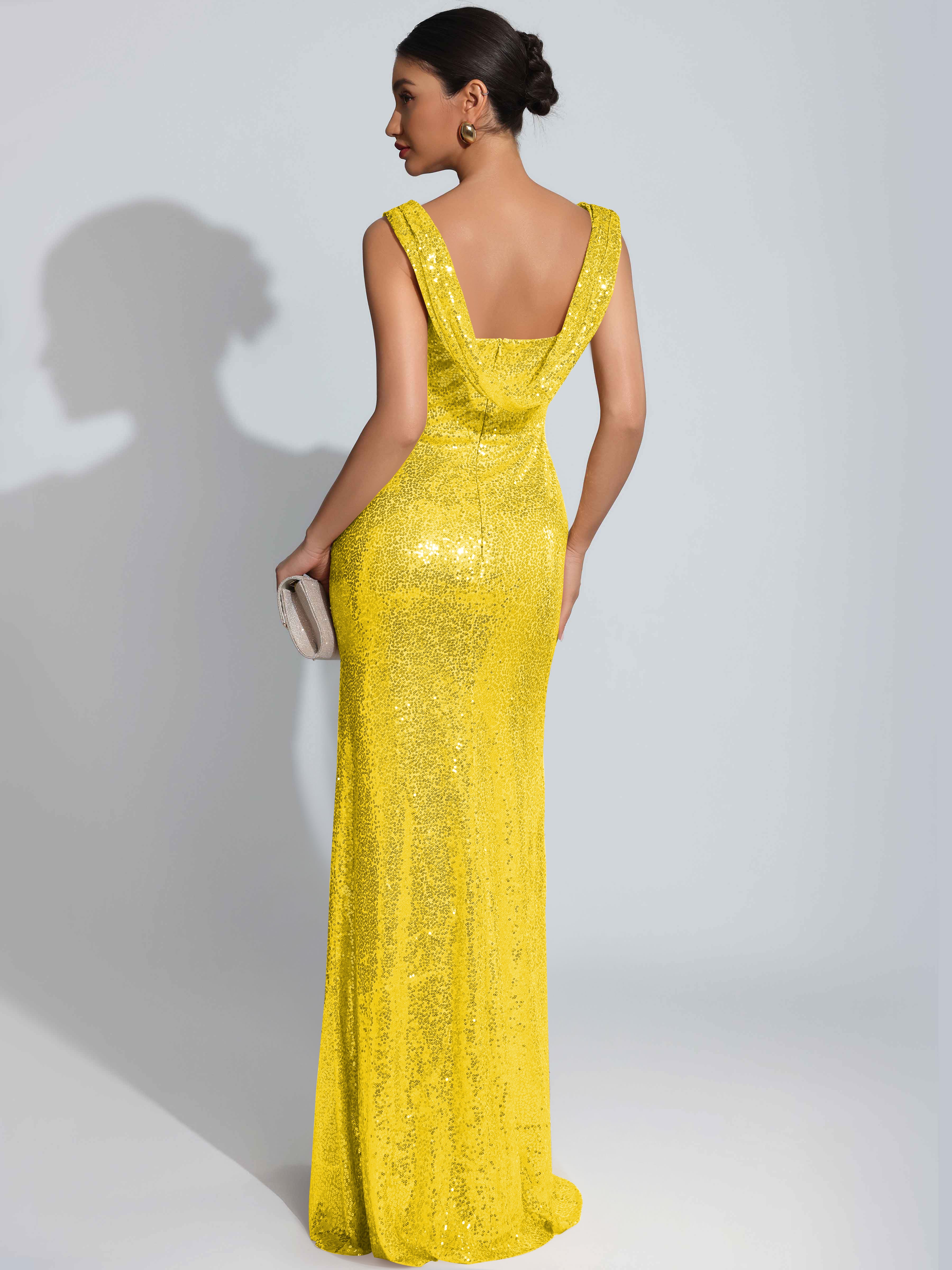 ROVDESY Sparkly Bateau Mermaid Ruched Sequin Long Prom Dress with Slit