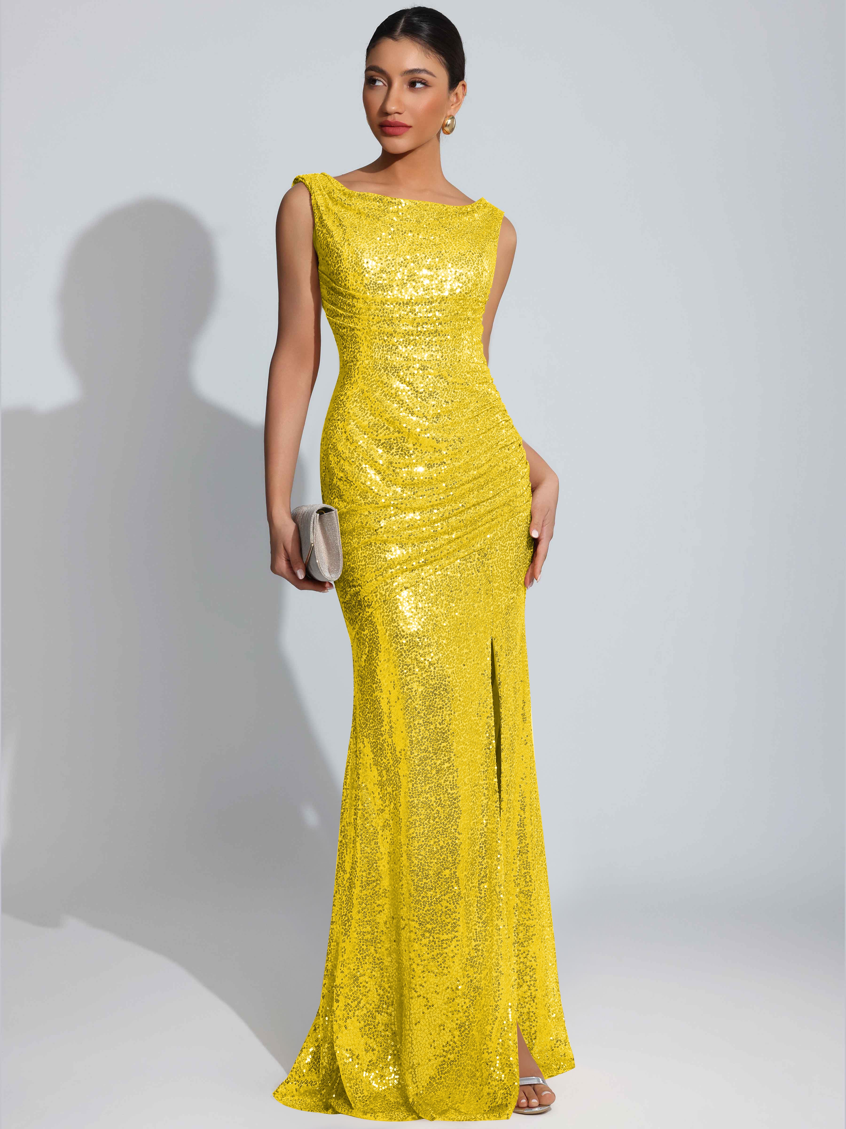 ROVDESY Sparkly Bateau Mermaid Ruched Sequin Long Prom Dress with Slit