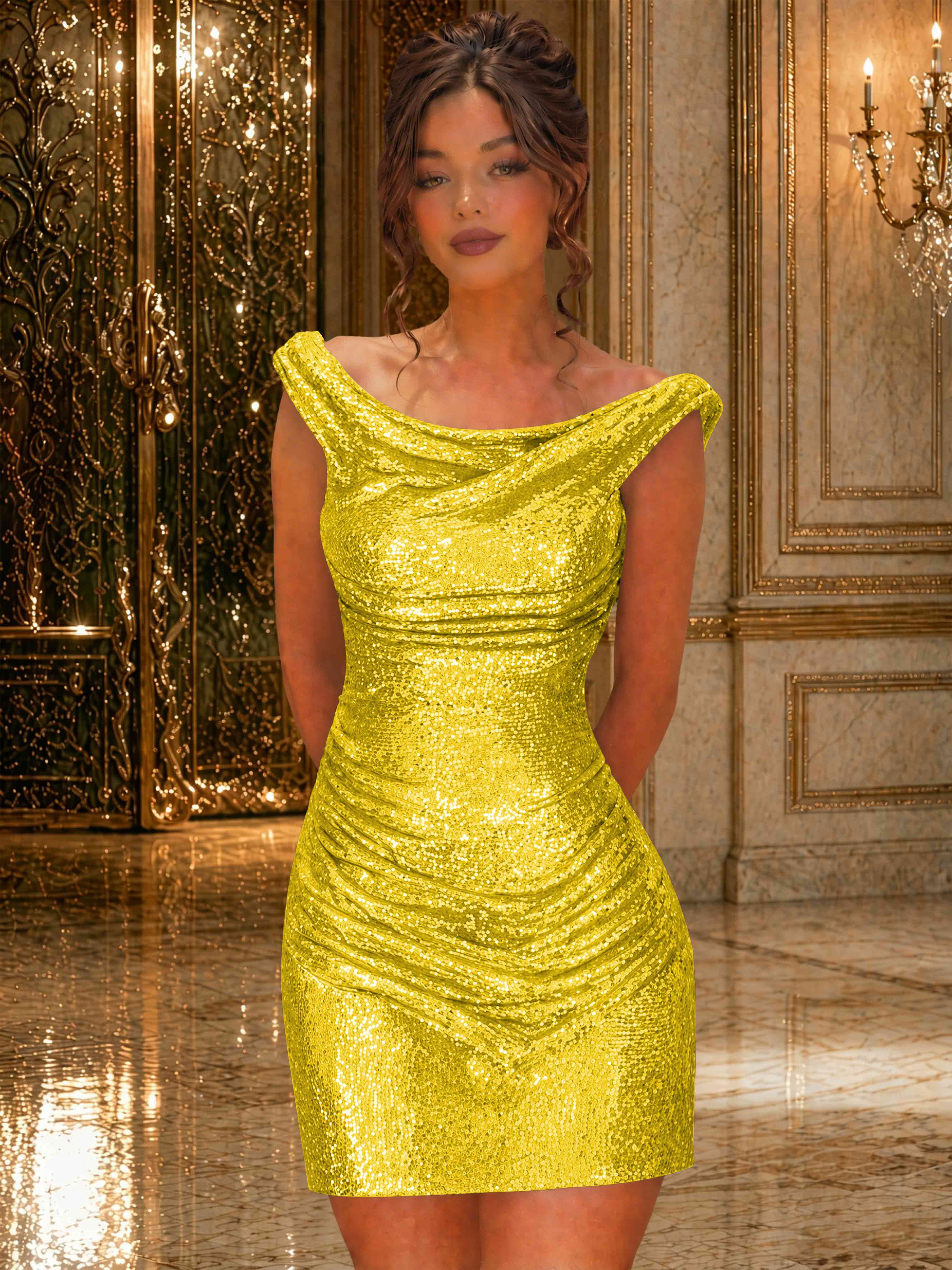 ROVDES Sparkly Off The Shoulder Ruched Sequin Tight Homecoming Mini Dress