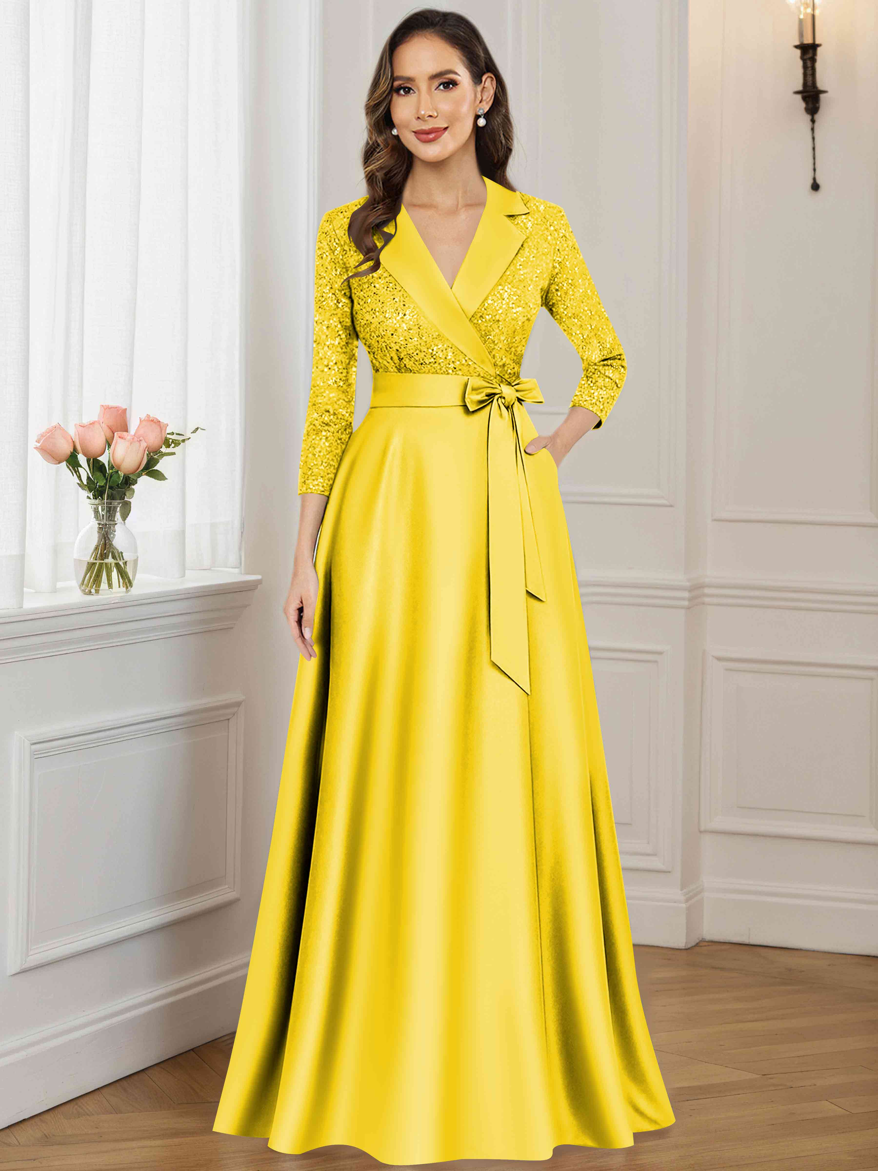 ROVDESY A-Line V Neck Sequin Satin  Long Mother of The Bride Dress Formal Gown With 3/4 Sleeves