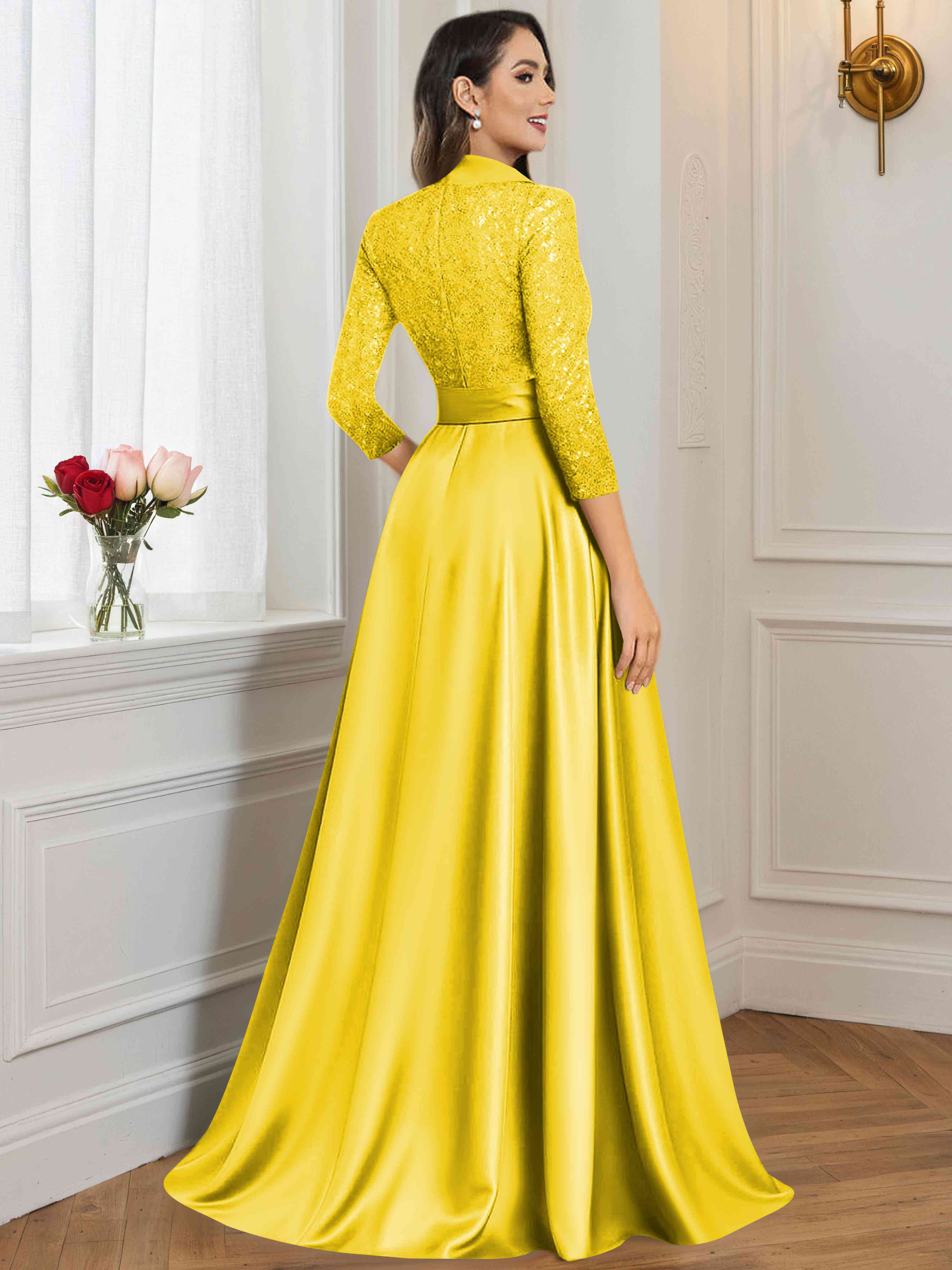 ROVDESY A-Line V Neck Sequin Satin  Long Mother of The Bride Dress Formal Gown With 3/4 Sleeves