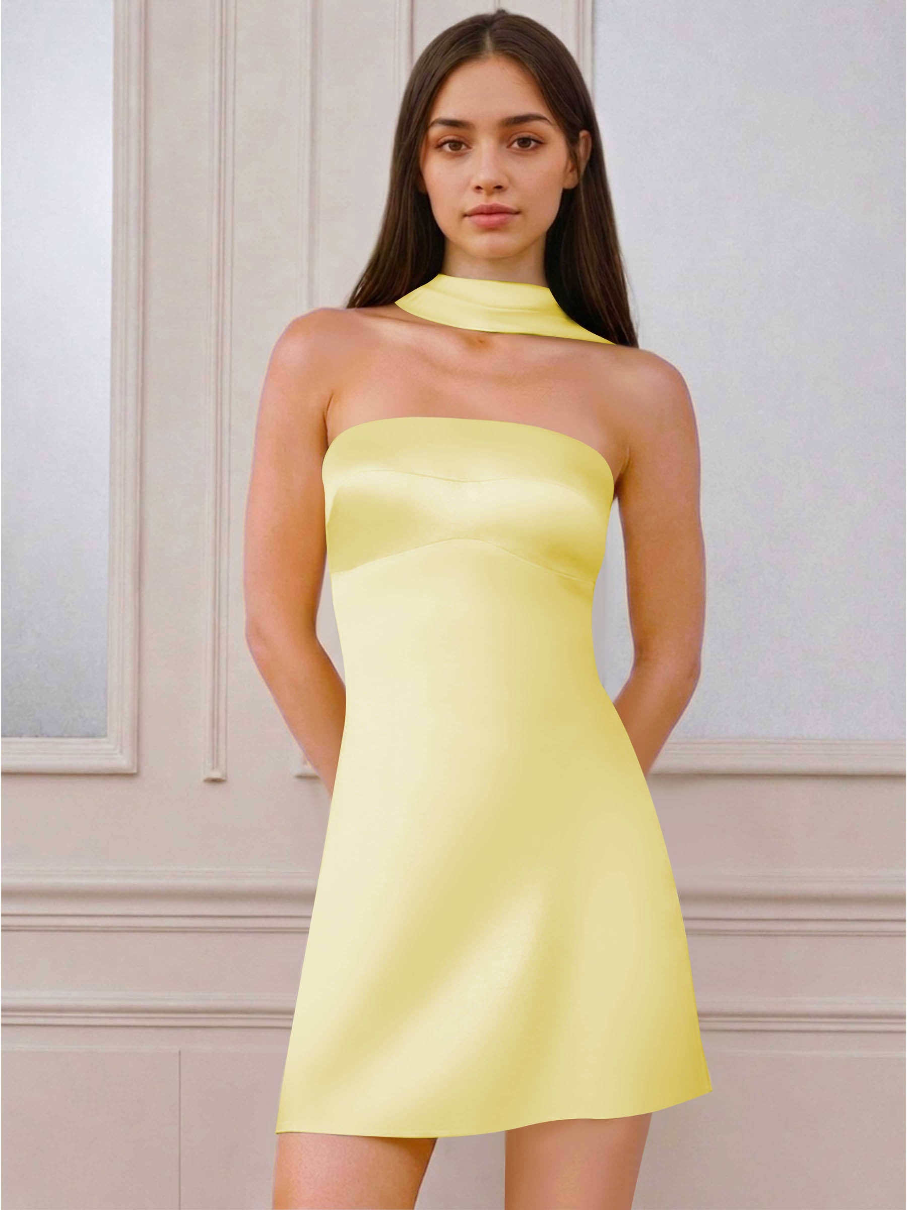 ROVDESY A-Line Halter Neck Satin Homecoming Mini Dress