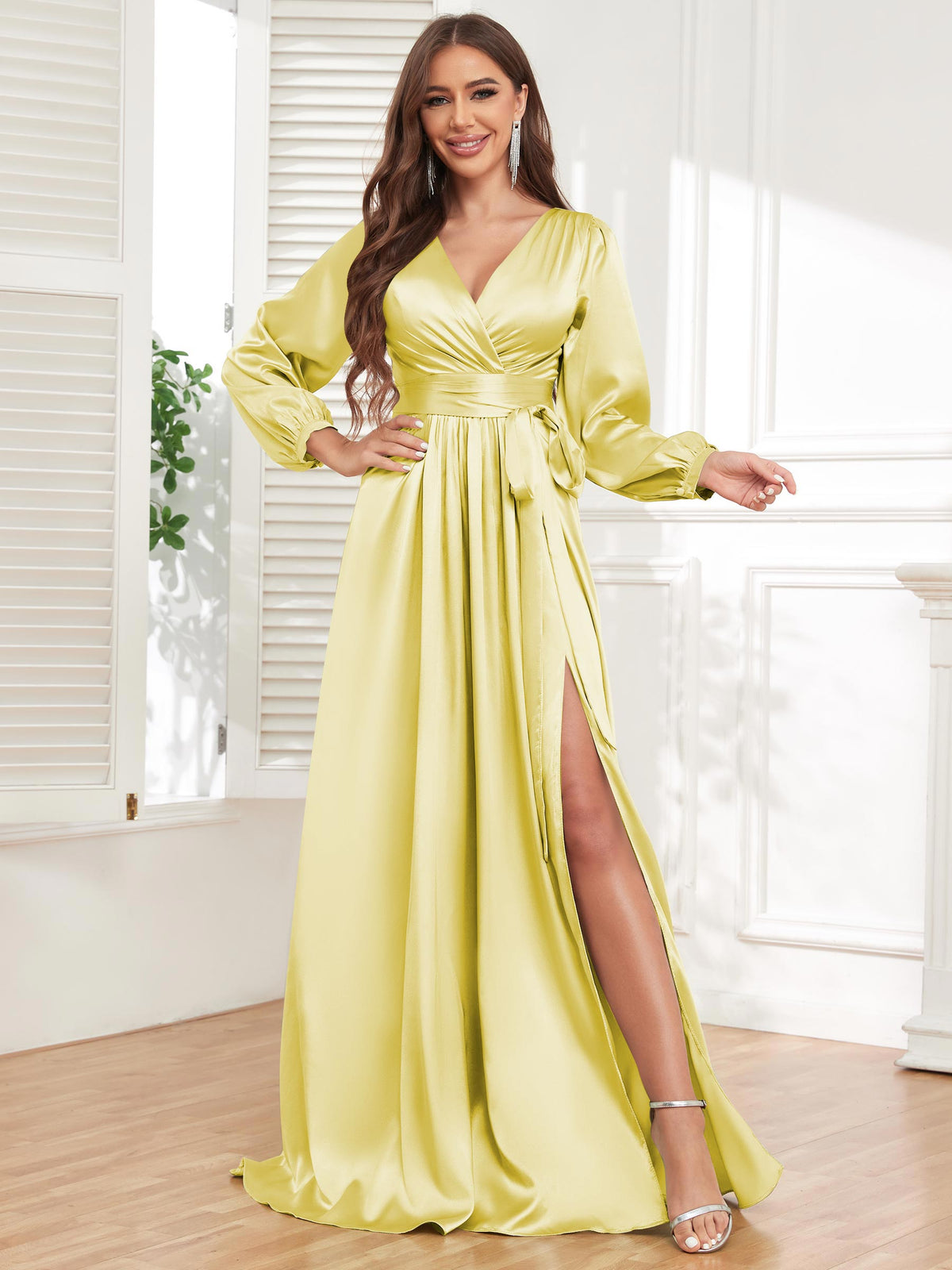 V Neck Satin Long Sleeve Bridesmaid Dress with Slit