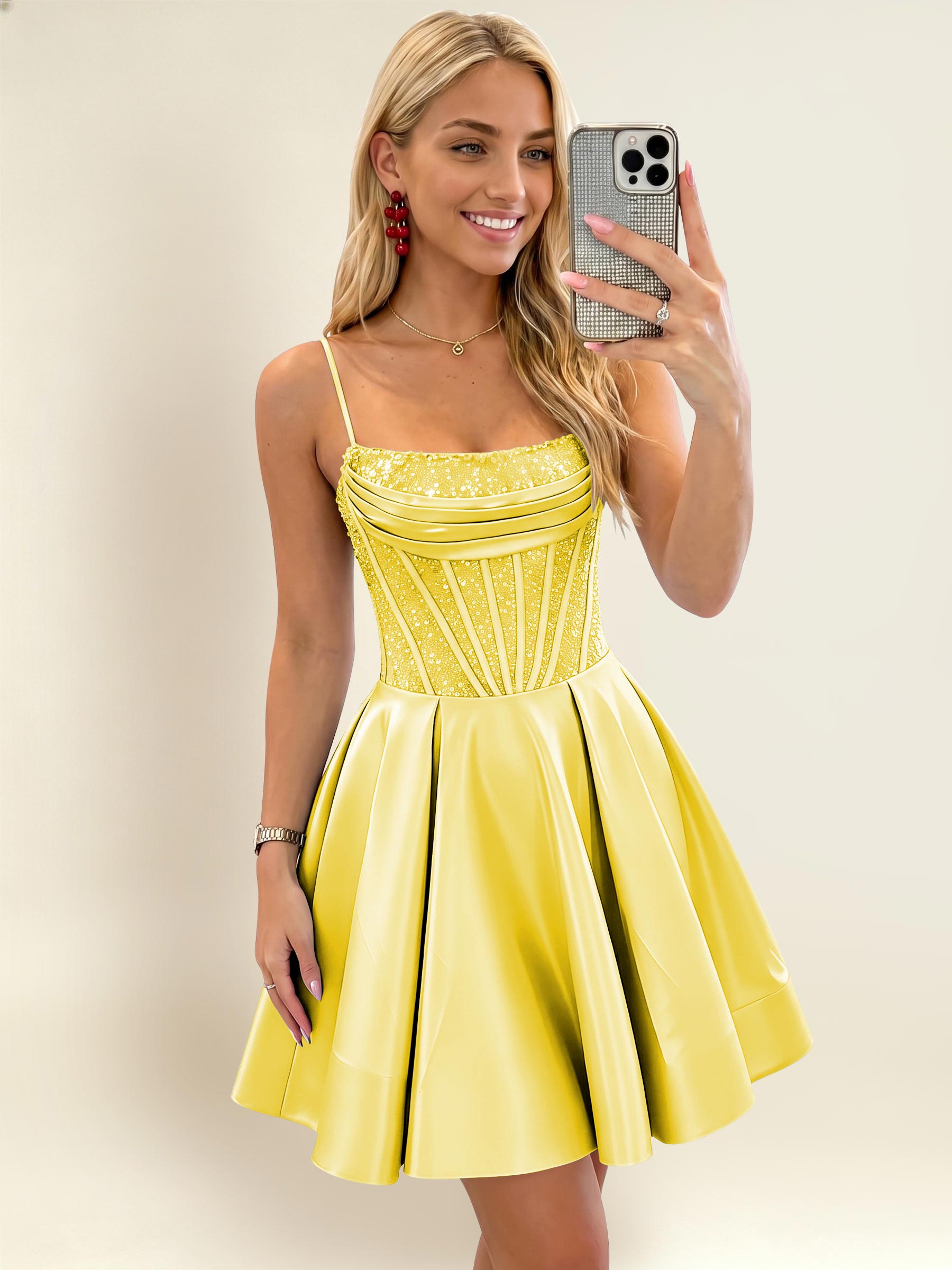 ROVDESY A-Line Spaghetti Strap Sequin Corset Satin Homecoming Mini Dress