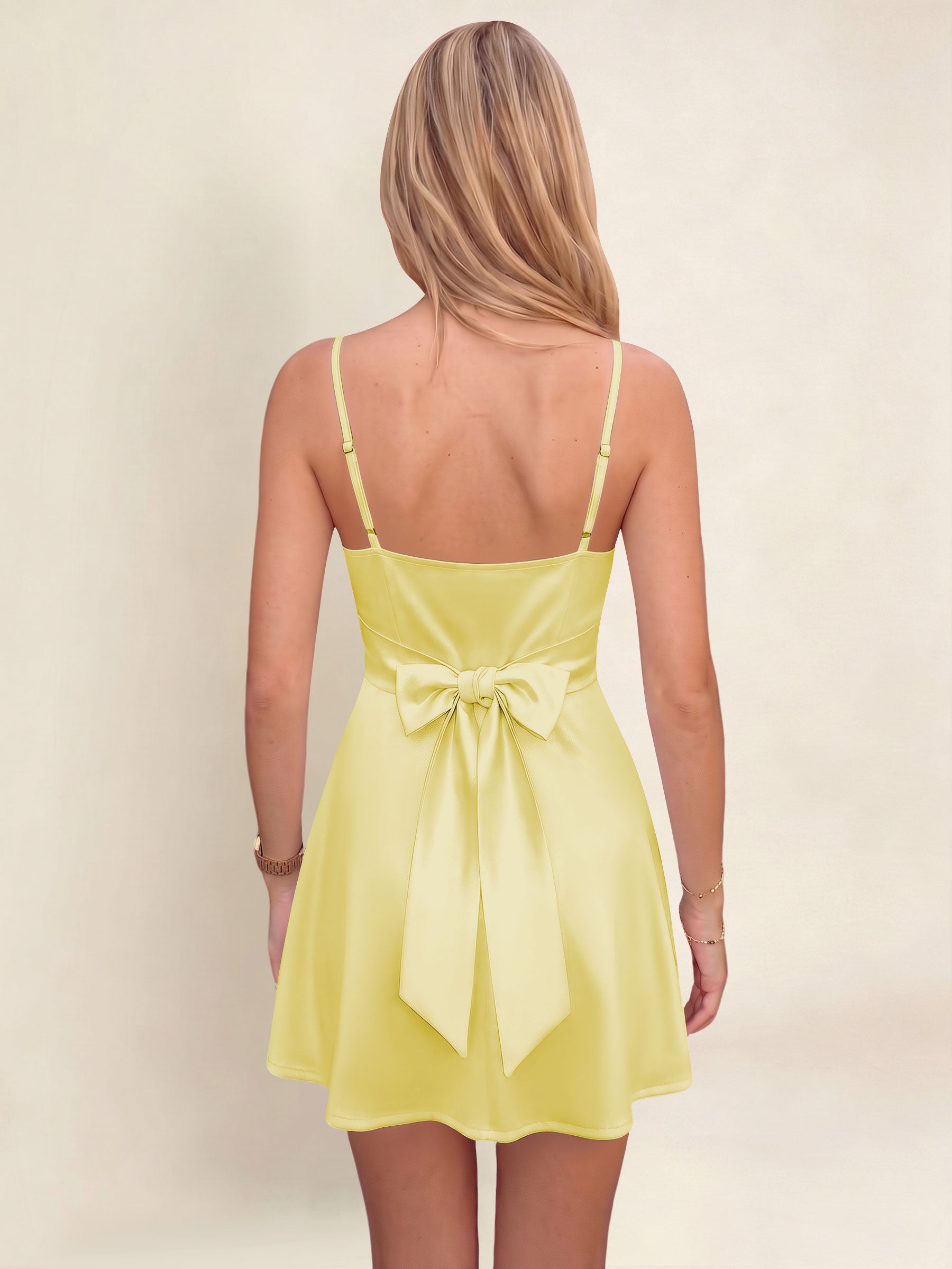ROVDESY A-Line Spaghetti Strap Cowl Neck Satin Mini Homecoming Dress With Bow