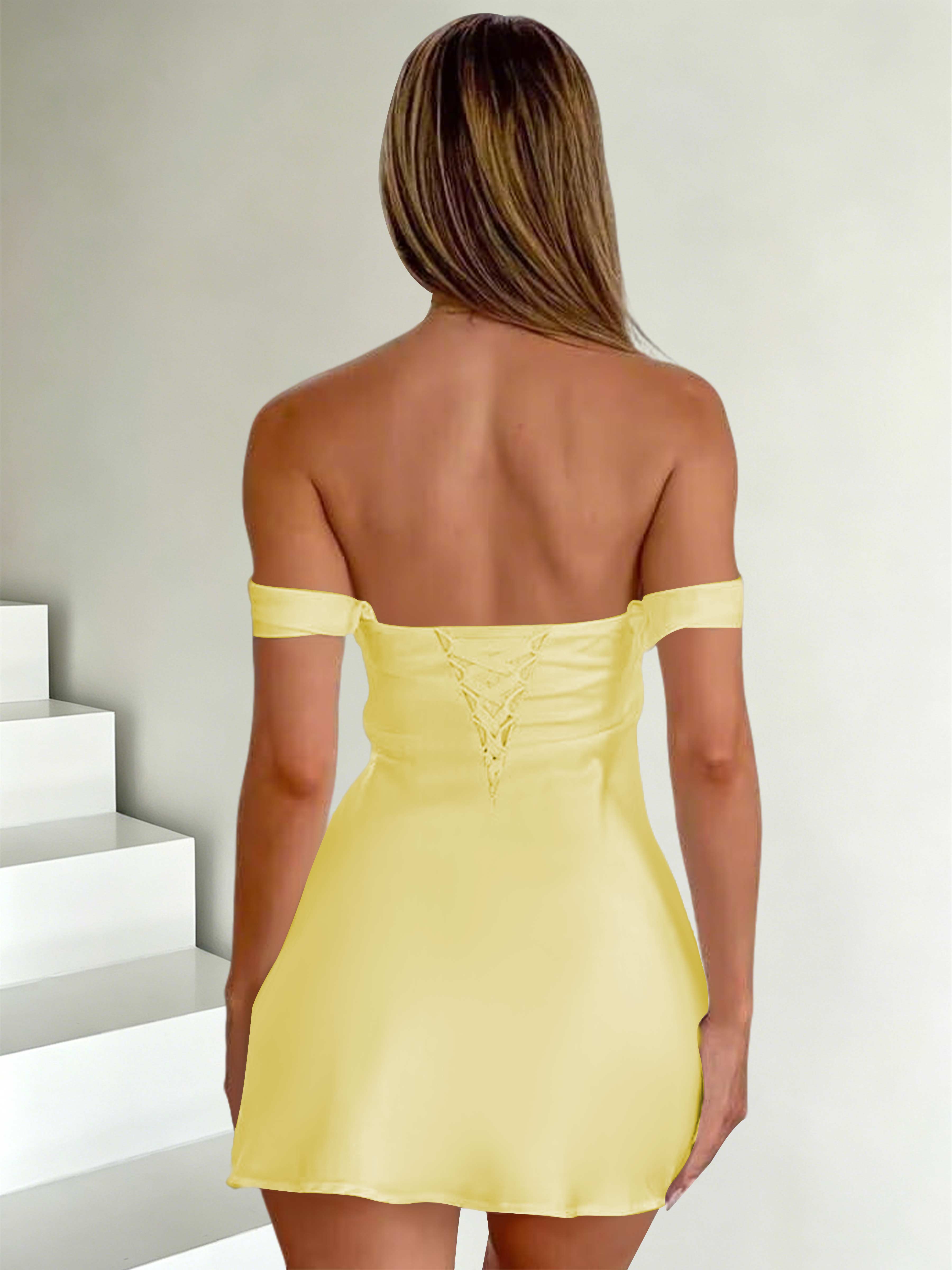 ROVDESY Off The Shoulder A-Line Pleated Satin Homecoming Mini Dress